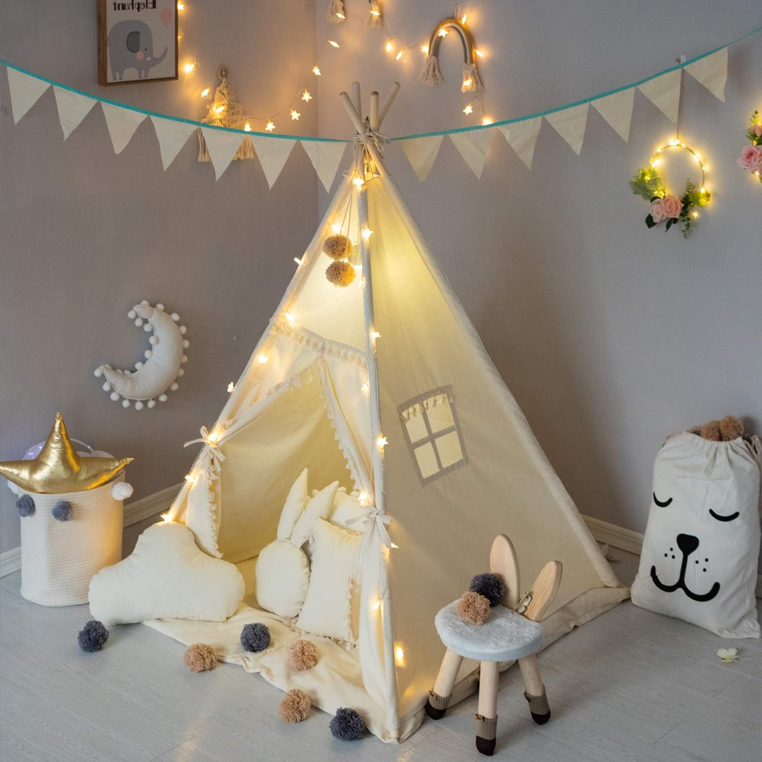 Kids Teepee Tent with Padded Mat, Banner, Fairy Lights, Yarn Ball, Carry Bag, Beige Cotton Canvas Play Tent for Child with Tassels Lace, Play House Tipi for Kids Room Decor image number 1