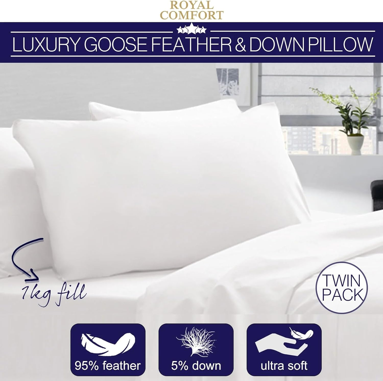 Royal Comfort Pillow Goose Feather and down 100% Cotton Cover 233TC Luxury Ultra Soft Comfortable 50 X 75Cm (White, Set of 2) image number 5
