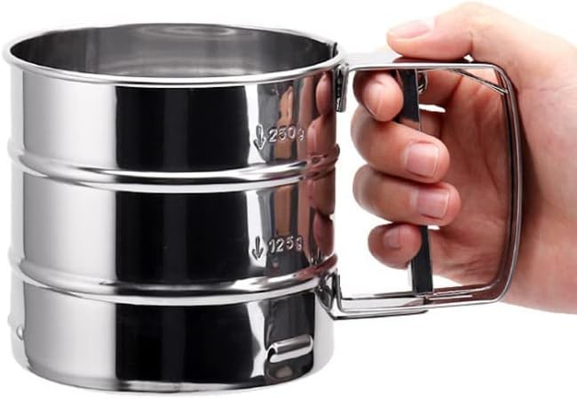 AIMALL Stainless Steel Mesh Flour Sifter, 6.10 X 3.74 Inches, Mechanical Baking Icing Sieve Strainer Cup, Sugar Shaker for Baking, Easy-To-Clean Sifter for Flour, Sugar, and Powdered Ingredients image number 3