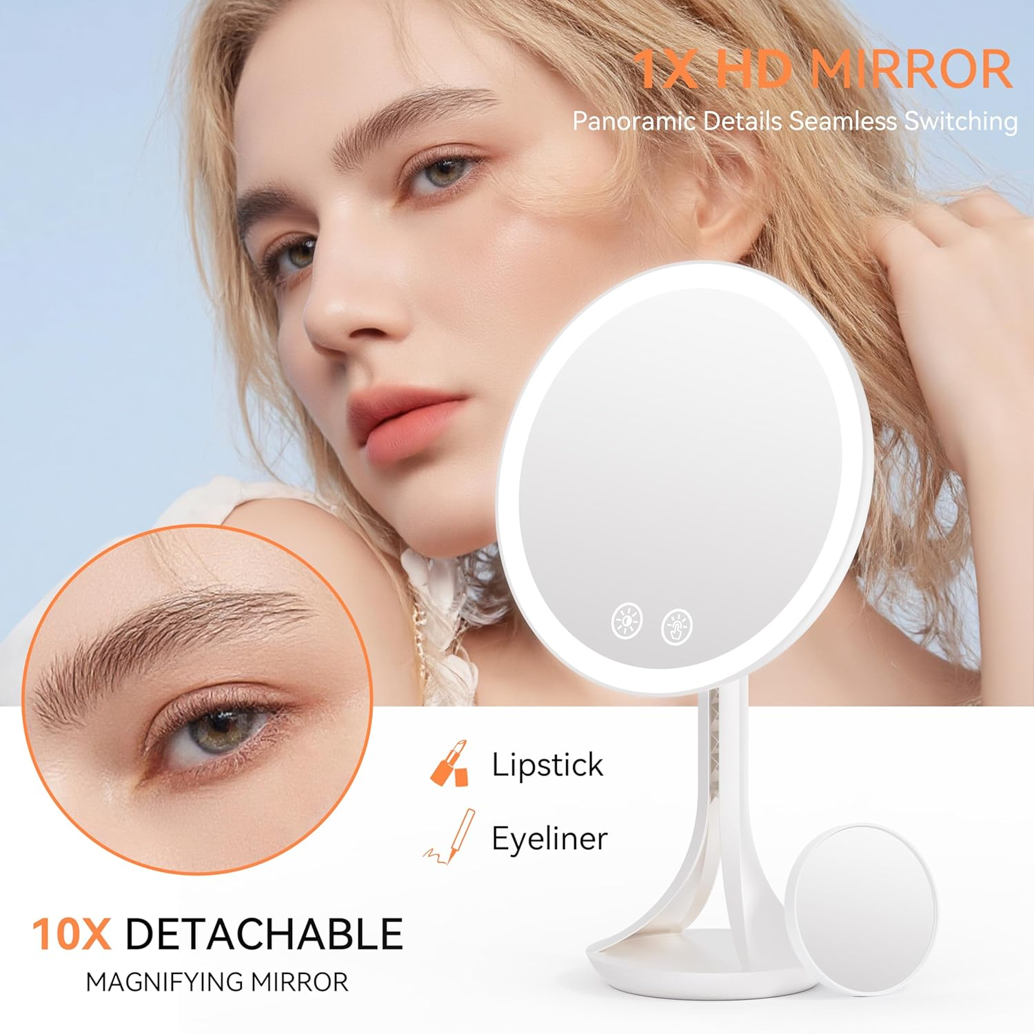 Auxmir Cosmetic Mirror with Lighting, 3 Light Colours, USB Rechargeable 46 LED Make-Up Mirror, Standing Mirror, Continuous for Dimmable Brightness, Premium 1 X HD Mirror with Small 10 X for Home, Hotel image number 1