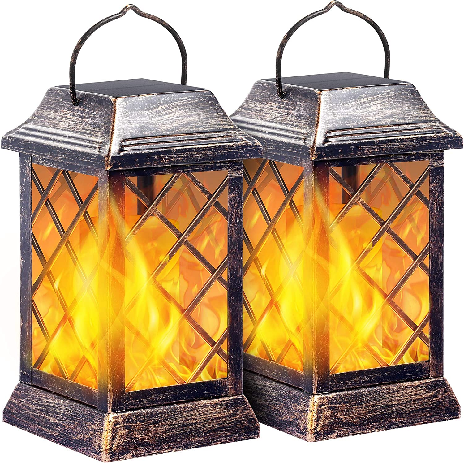 Tomcare Solar Lights Outdoor Flickering Flame Metal Solar Lantern Outdoor Hanging Decorative Lanterns Heavy Duty Waterproof Umbrella Decorations Lighting for Patio Garden Deck Yard, 2 Pack (Bronze) image number 1