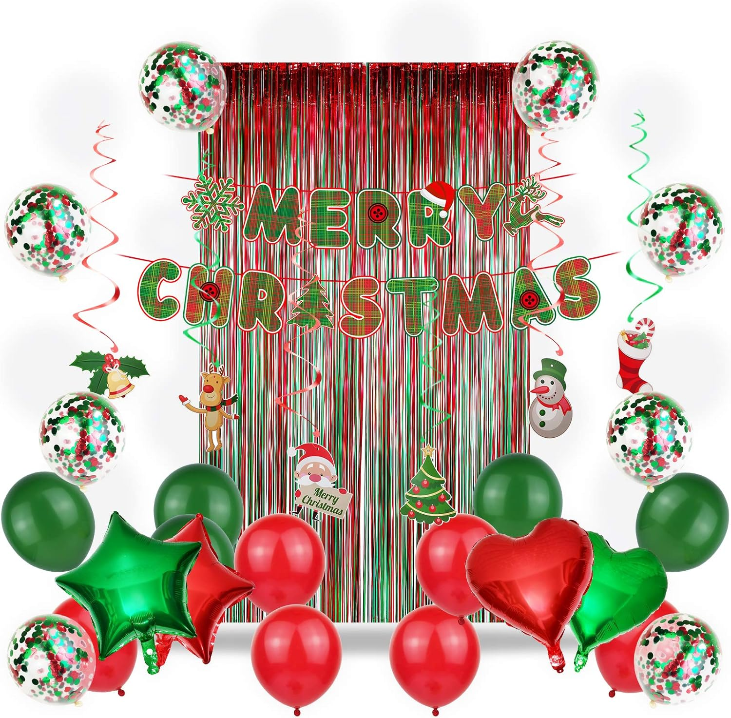 Party Decoration Supplies - Christmas Balloons, Merry Christmas Banner, Hanging Swirls, Red and Green Metallic Fringe Curtains for Holiday Decor image number 5