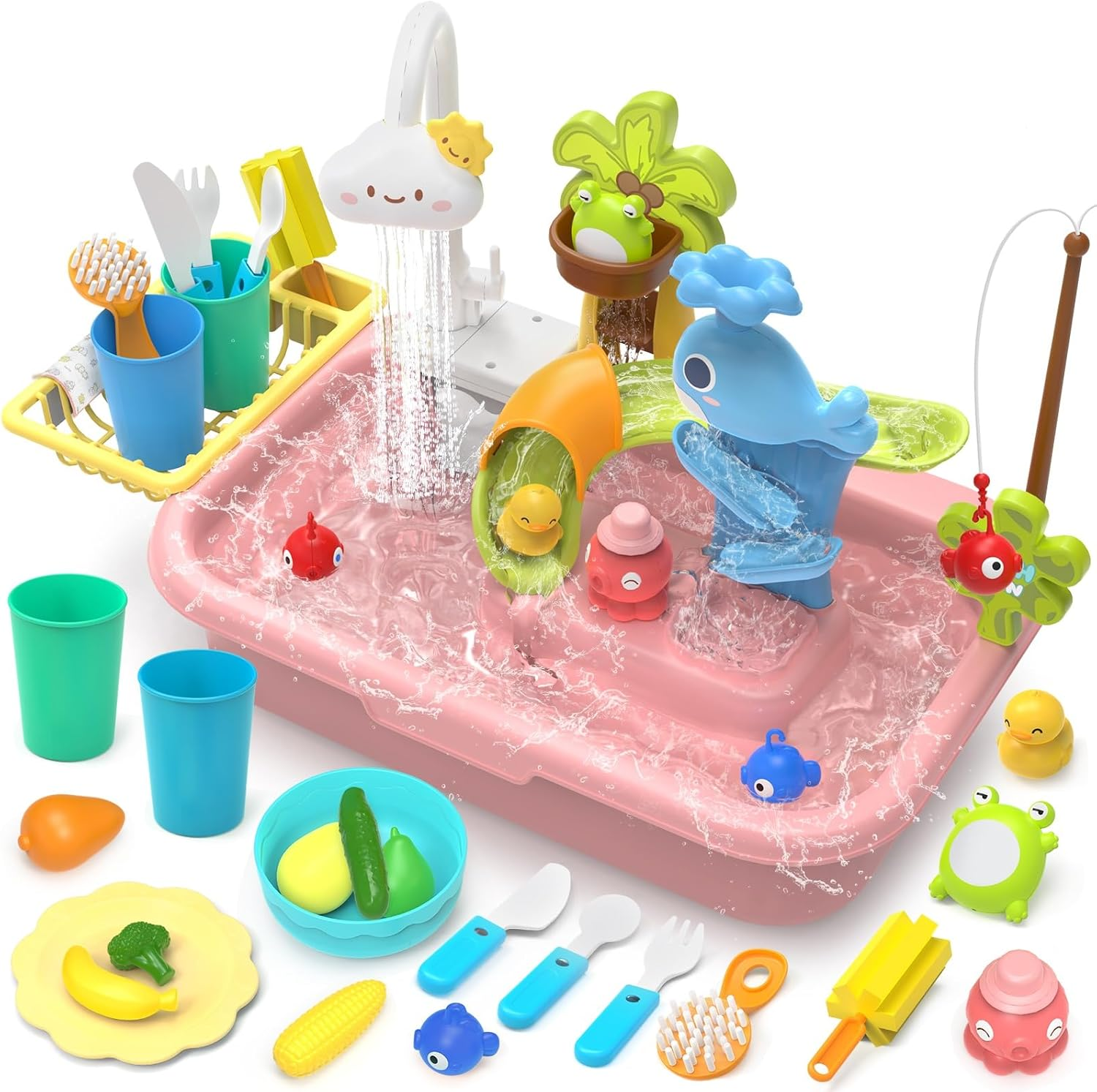 Play Sink with Running Water, 4-In-1 Kids Kitchen Sink Toys with Electric Faucet, Water Table Floating Pool Toy W/Fishing Game, Duck Slide, Pretend Play Dishwasher Set for Toddler Boys Girls (Pink) image number 5