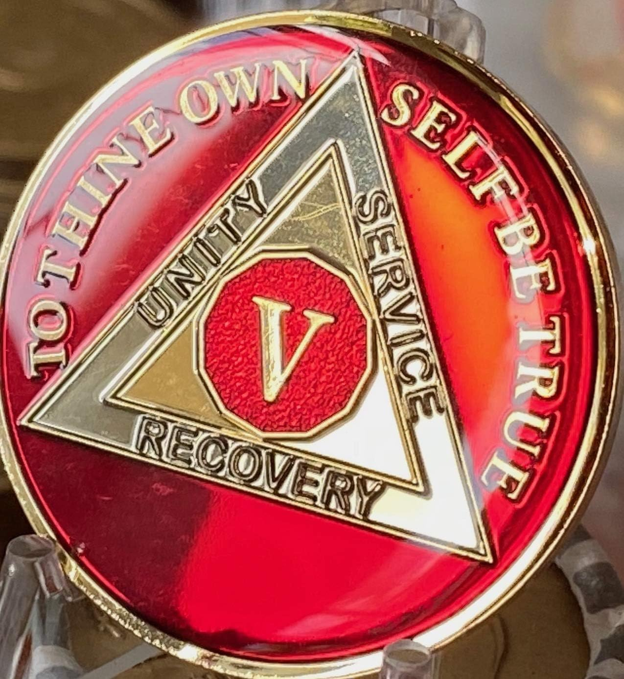 5 Year AA Medallion Metallic Mandarin Red Sobriety Chip, Brass