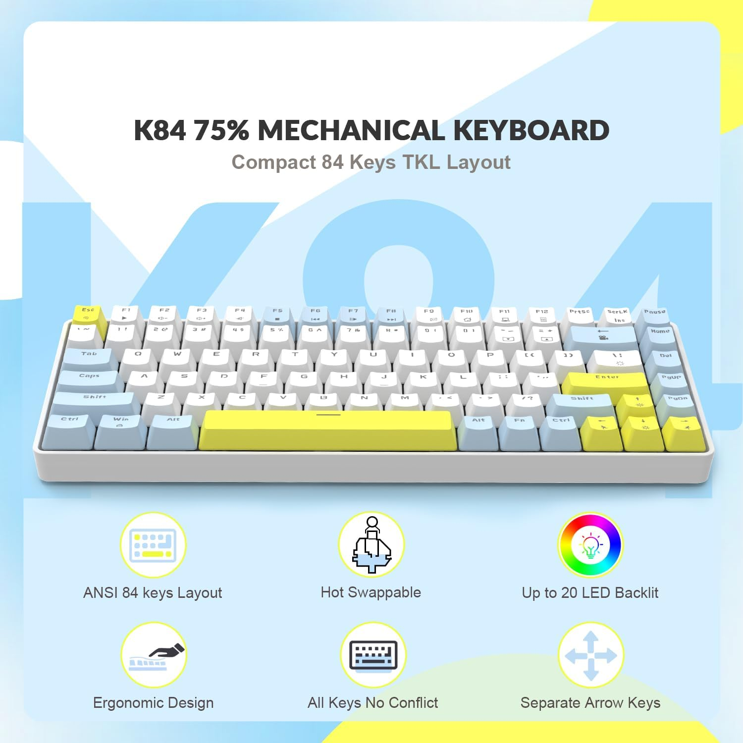 YINDIAO K84 75% Mechanical Gaming Keyboard,84 Keys TKL Layout Compact Keyboard,Hot Swappable,18 LED Backlit,Anti-Ghosting,With Pro Coiled USB-C Cable,Ergonomic,Portable,For Pc,Mac (Lemon,Red Switch) image number 5