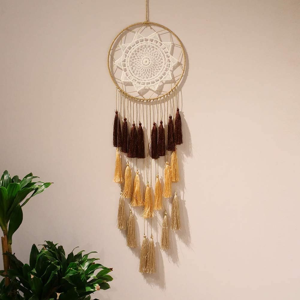 Macrame Dream Catchers for Bedroom Tassel Wall Hanging Handmade Dreamcatchers Home Decor with Ornament Craft Blessing Gift(Brown and Yellow) image number 3
