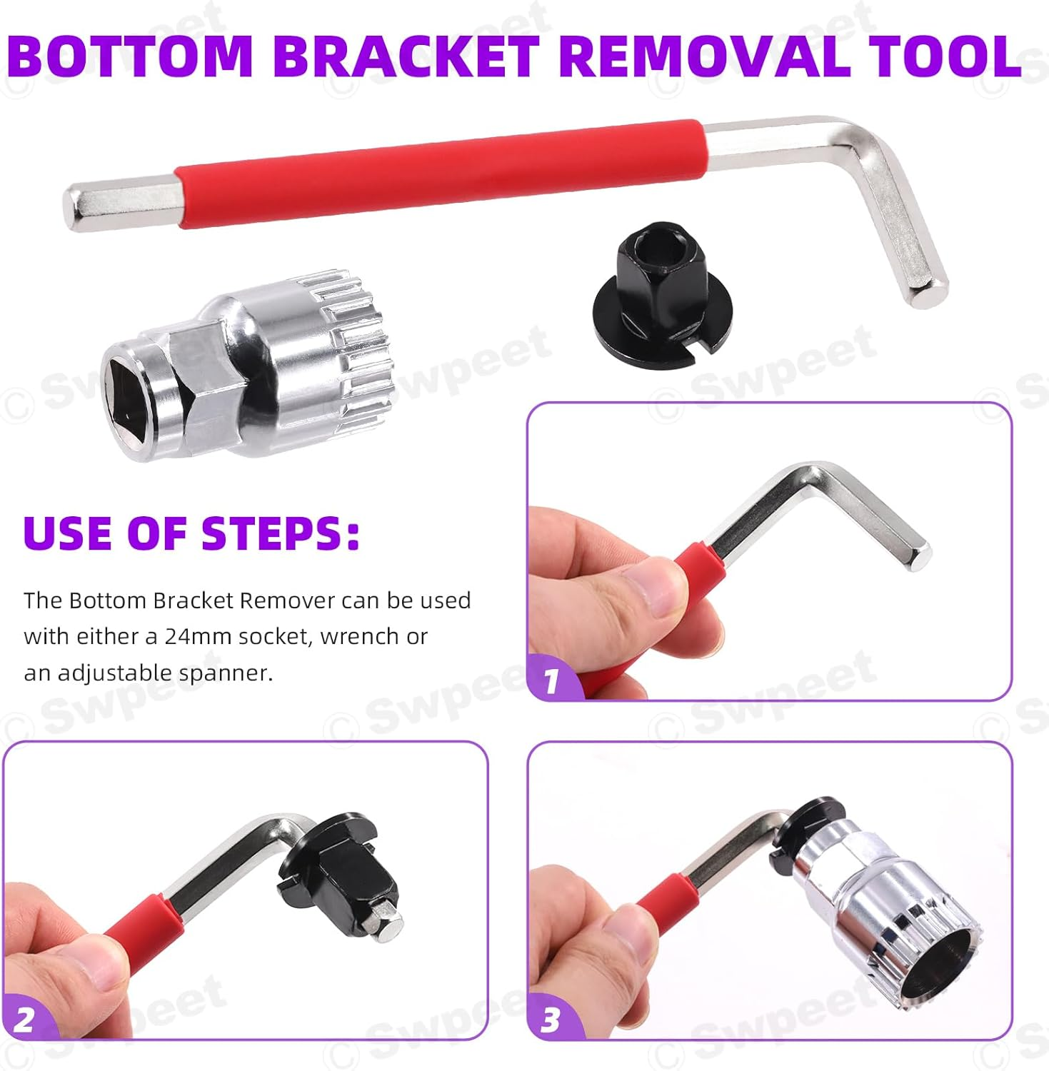 Swpeet 6Pcs Steel Bicycle Repair Tool Kit, Portable Emergency Accessories, Includes Bike Crank Extractor, Bottom Bracket Remover, 16Mm Spanner Wrench, Allen Wrench, Square Nut, Portable Bag image number 6