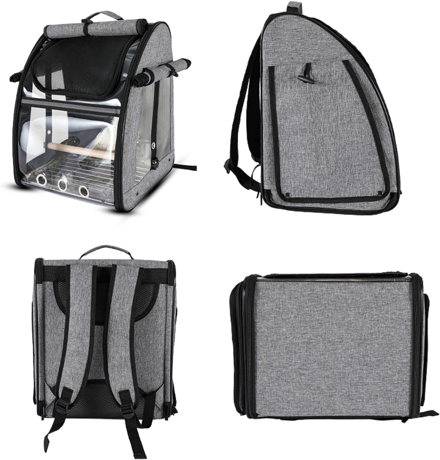 Bird Carrier Backpack - Pet Travel Cage with Upgraded Tray and Standing Perches, Breathable & Portable, for Small Birds, Green Cheek, Cockatiel, Parrot(Grey)