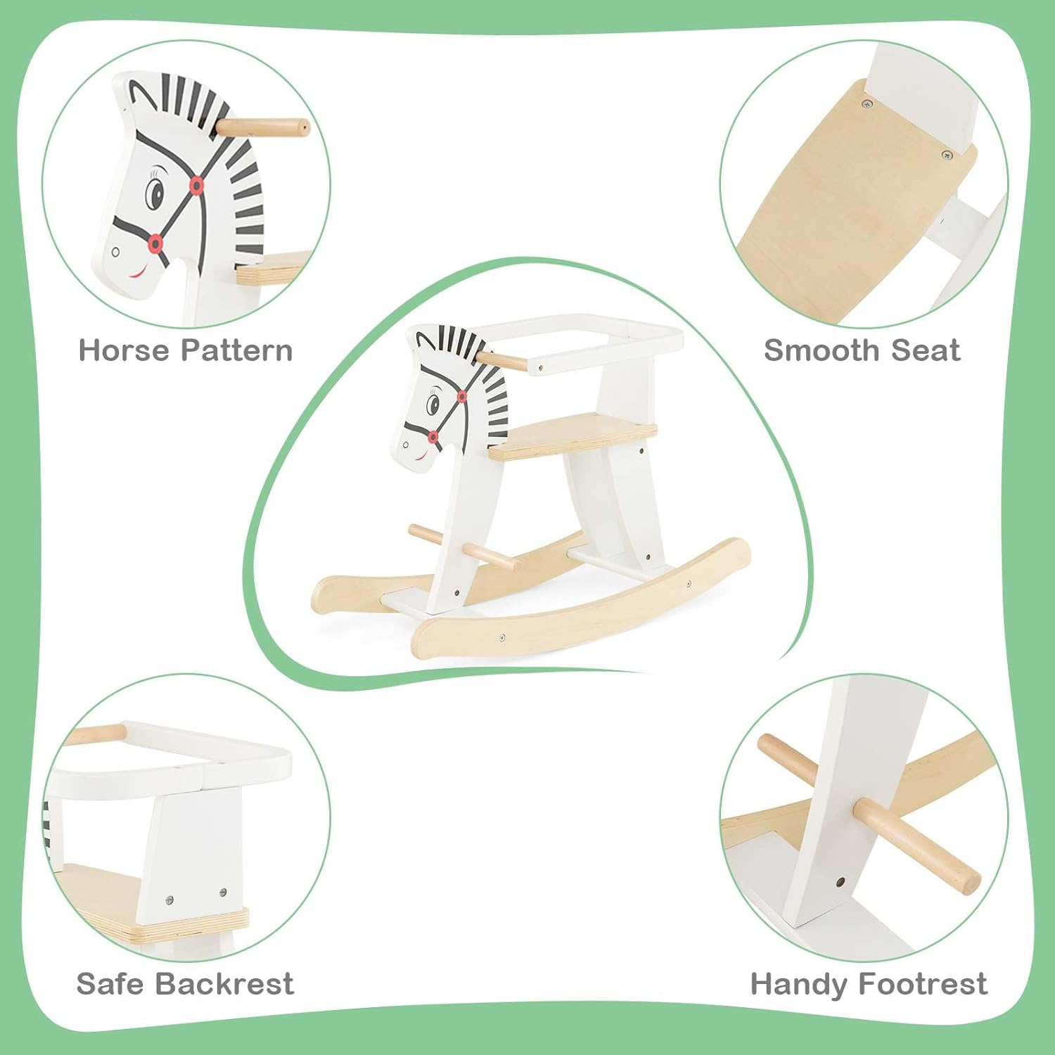 HONEY JOY Wooden Rocking Horse, Baby Ride on Toy W/Detachable Fences, 11-22 Degrees Gentle Rocking Motion, Comfy Seat & Backrest, Cute Patterns, Indoor Animal Rocker for Kids over 3 Years Old, White image number 1