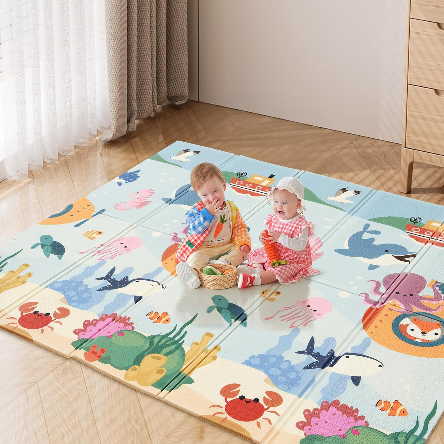 Playpals 200&times;180CM Foldable Baby Play Mat, Double-Sided Waterproof Playmat for Babies, Toddlers & Infants, Reversible Baby Mat with Travel Bag, Indoor and Outdoor Use, Rainbow+Tall Buildings