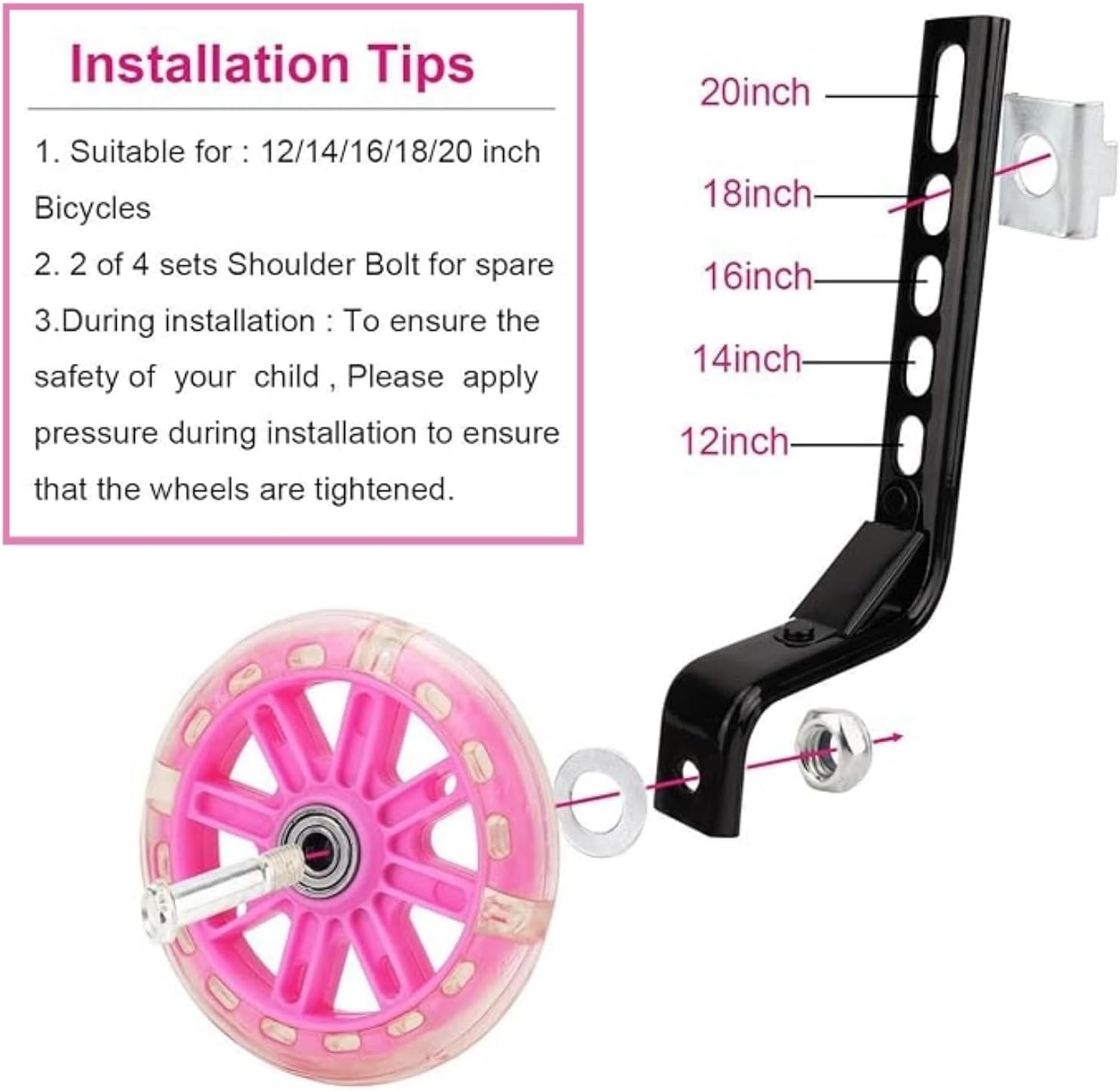 1 Pair Bicycle Training Flash Wheels Set, Bike Stabilizers Support Wheels Steel Frame for 12-20 Inch Little Bicycle Stabilisers Bike Safety Training Equipment (Pink) image number 4