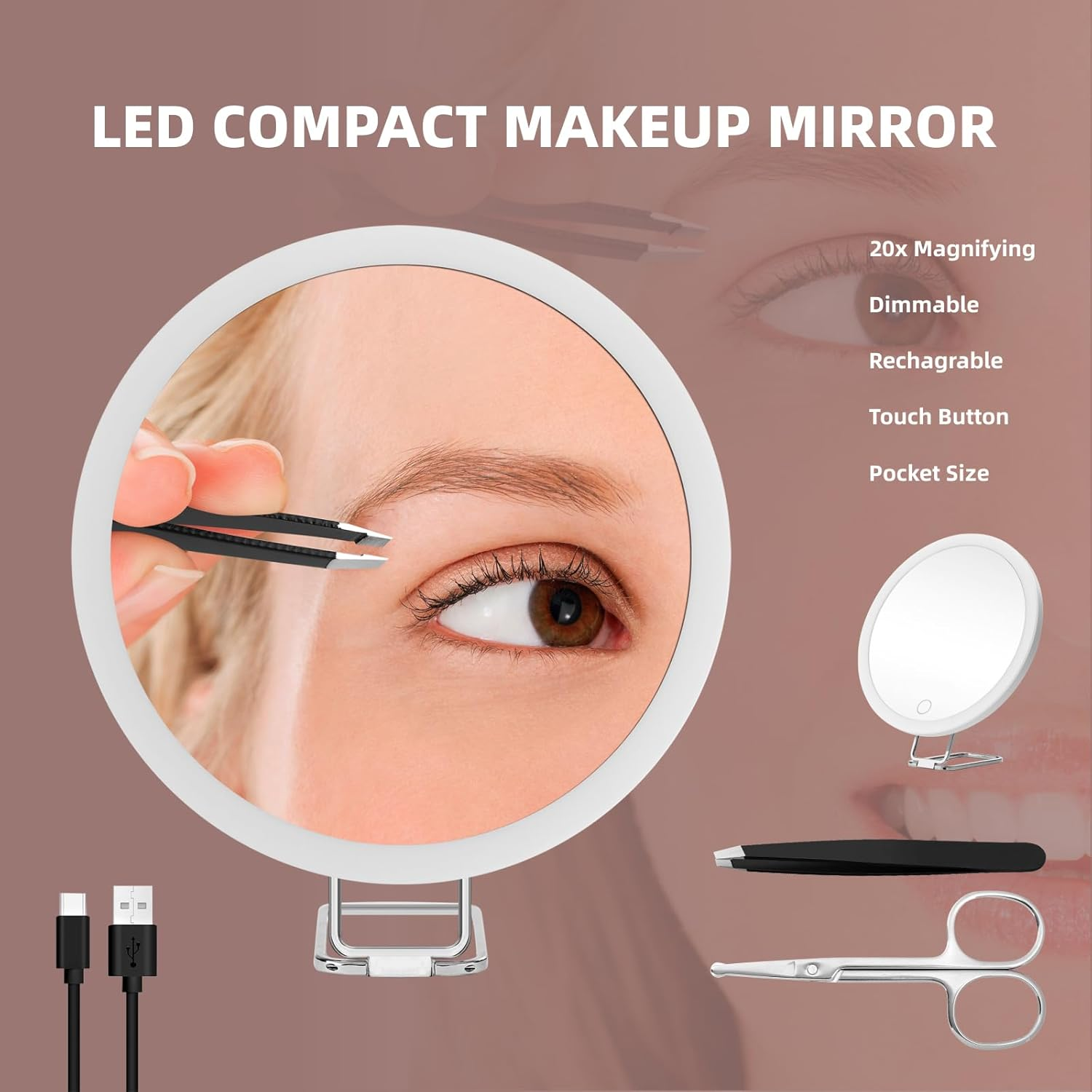 20X Magnifying Mirror with Lights, 6Inch Makeup Magnified Mirror 20X Lighted Travel Magnification with 3 Suction Cups and 360&deg; Adjustable Stand- Includes Tweezers & Scissors image number 3