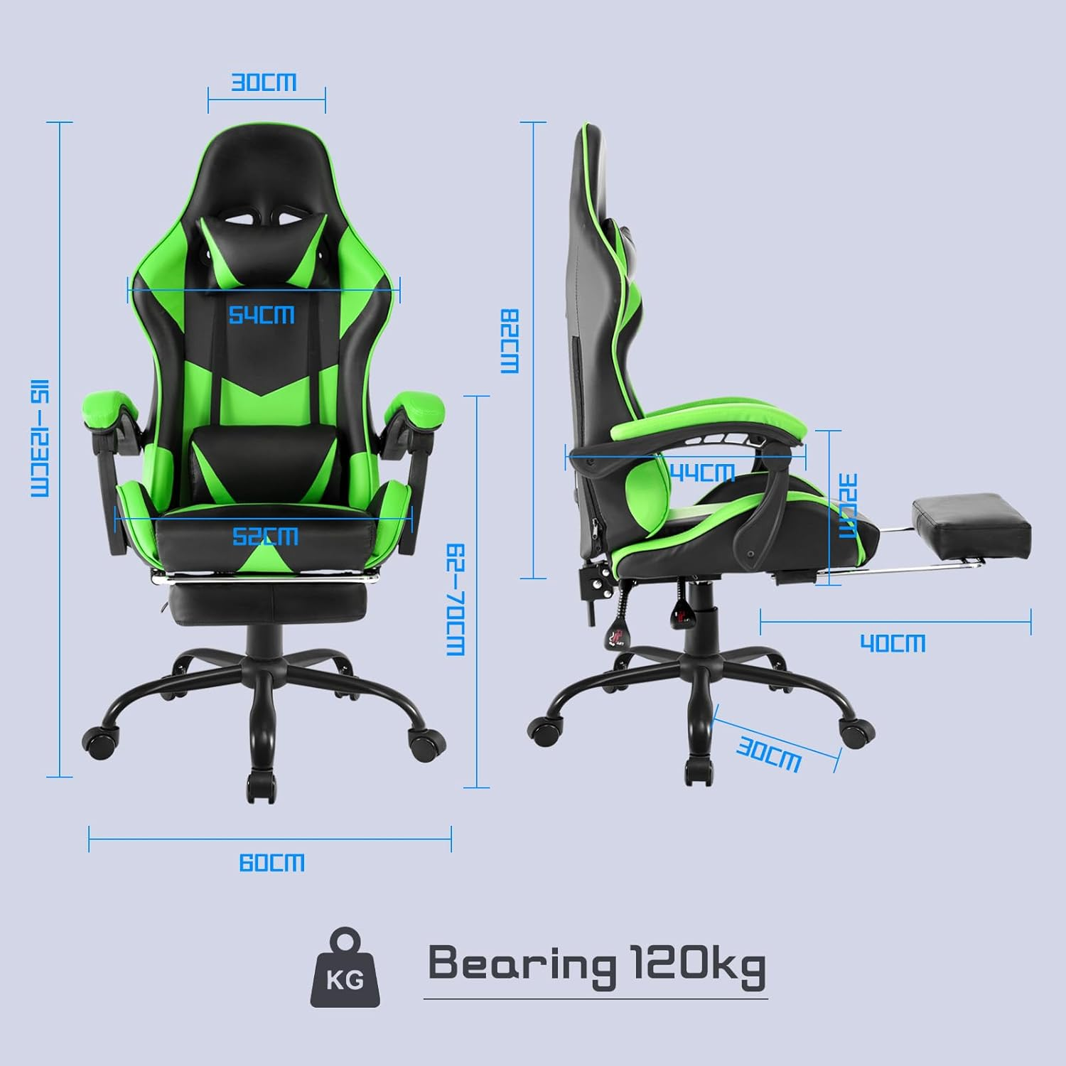 PU Leather Ergonomic Gaming Chair with Footrest Computer Racing Chair Reclining Executive Office Chair Desk Chair for Adults Teens in Green & Black image number 1