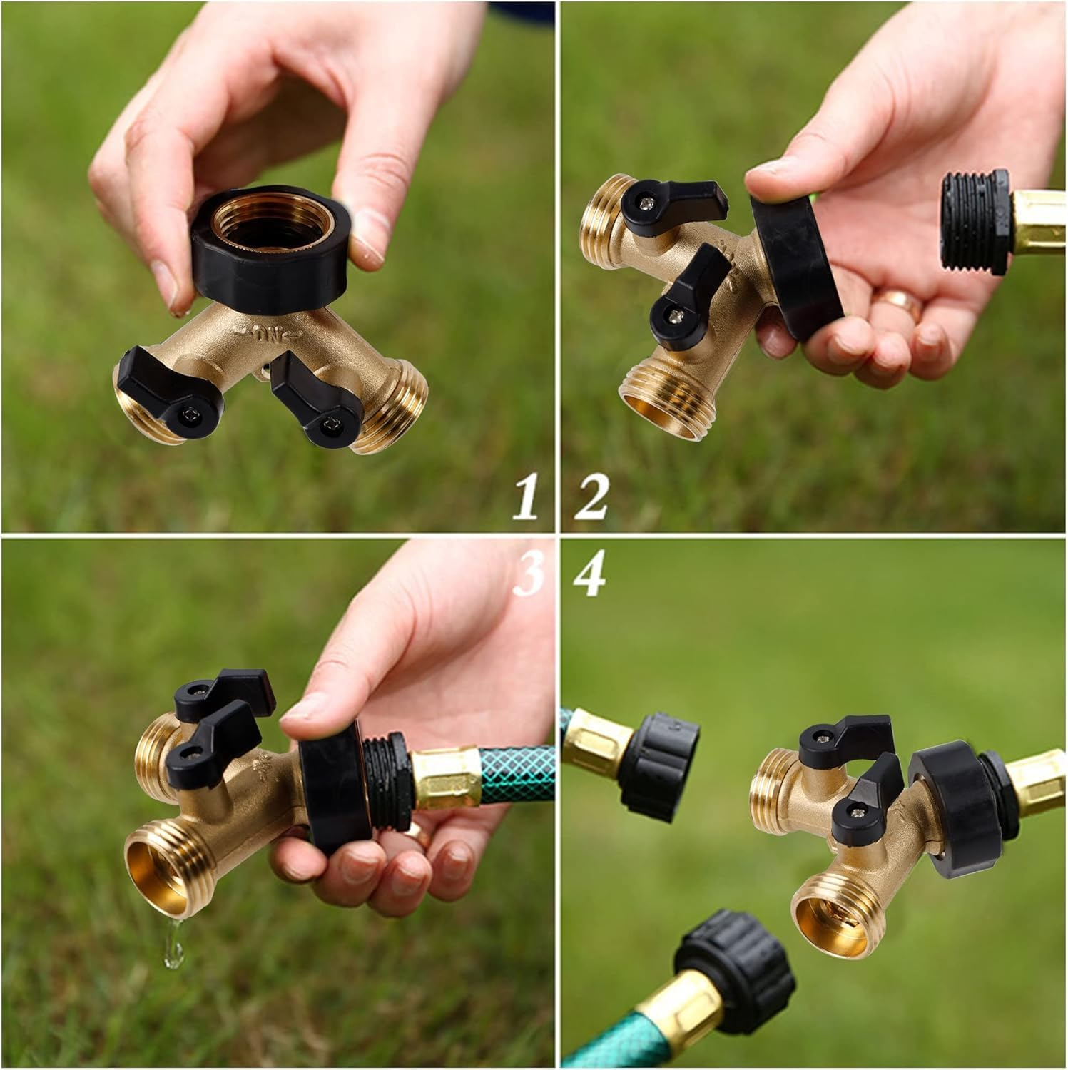 Garden Hose Splitter 2 Way, Heavy Duty Brass Connector Tap Splitter, Y Splitter 2 Valves with 2 Quick Connectors Adaptors and 4 Extra Rubber Washers image number 6