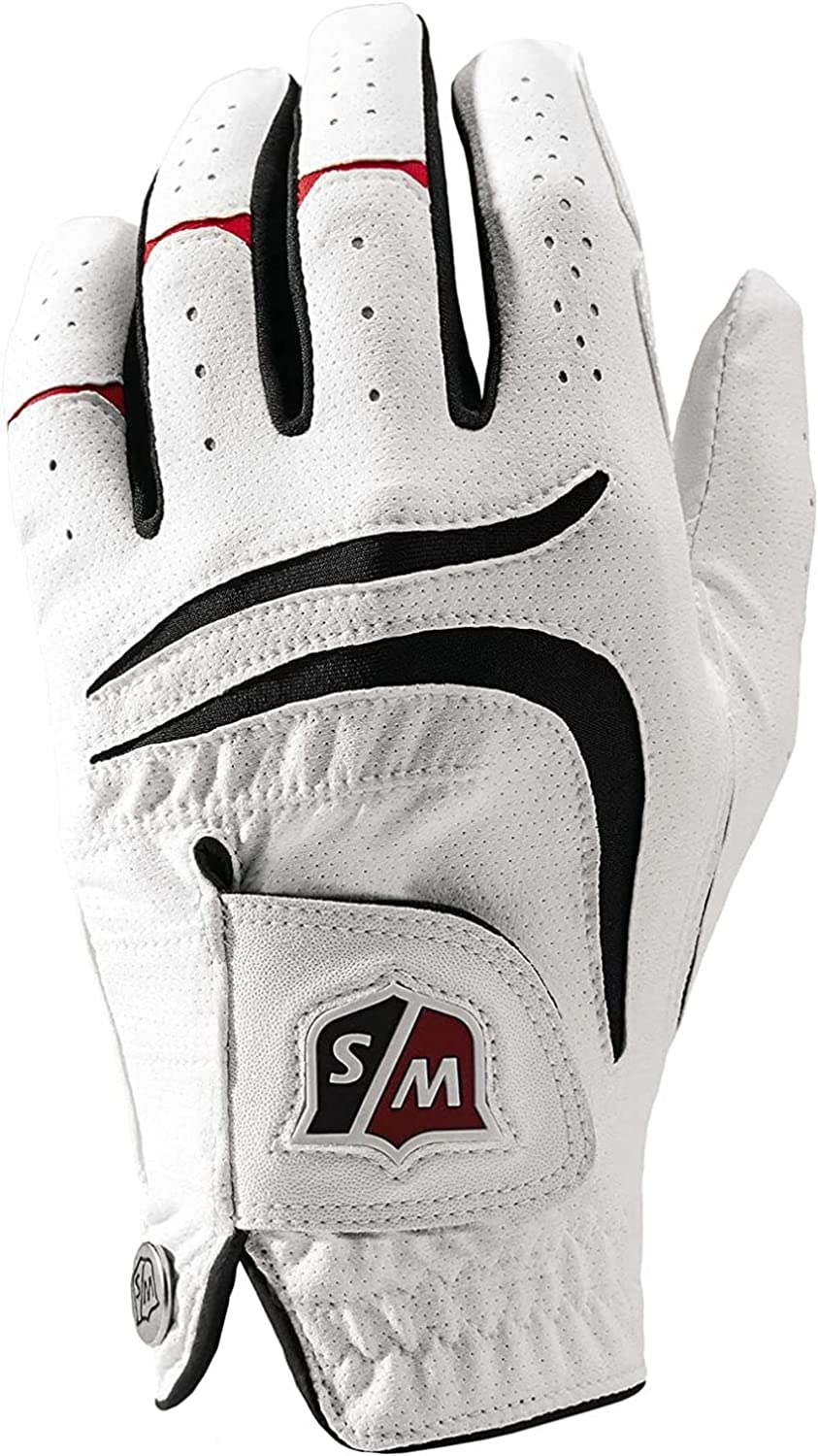 Wilson Staff Grip plus Golf Glove &ndash; Men&rsquo;S Cadet Medium-Large, Left-Hand (Cabretta Leather Palm, Perforated Synthetic Upper, Antimicrobial Mesh, TPR Tab + Ball White, Medium/Large