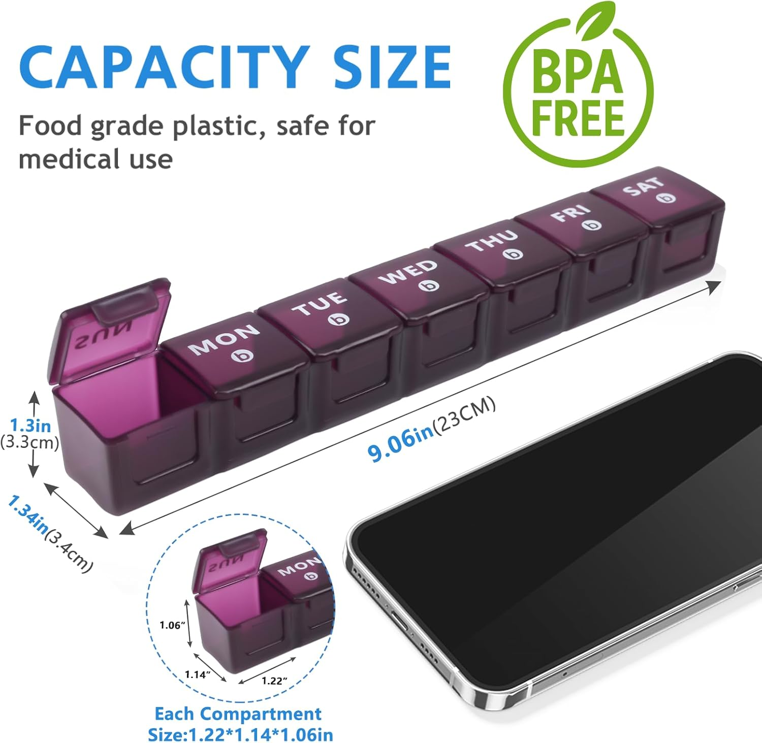 Weekly Extra Large Pill Organiser for Travel 2Pack, 2Week Pill Boxes and Organizer,Big Compartments Pill Case,7Day XL Medication Organiser Dispenser for Fish Oils Vitamin Holder Supplement (Blue,Purple) image number 2