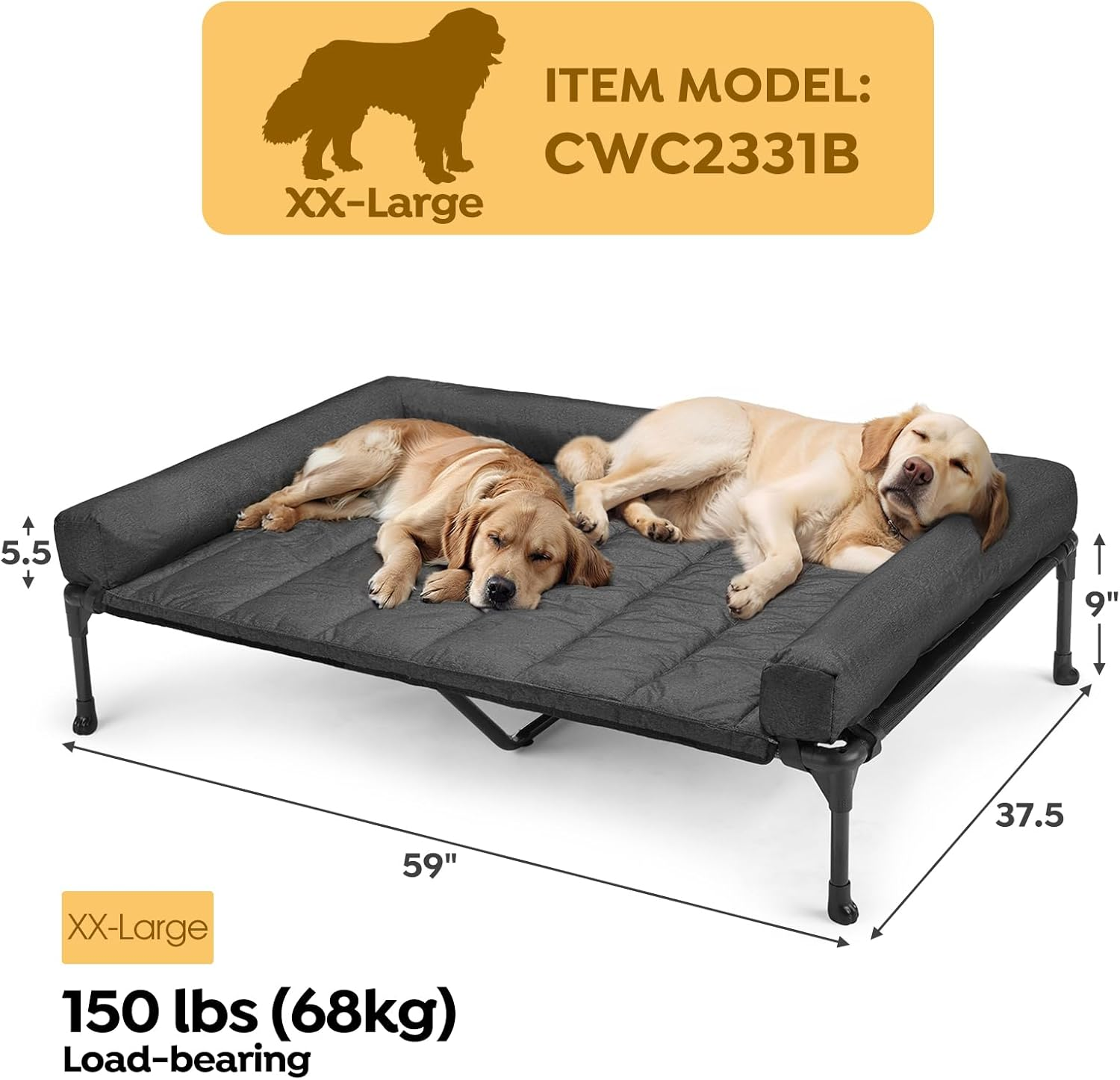 Veehoo Cooling Elevated Dog Bed Add Removable Waterproof Bolster Cushion Mat, Raised Pet Cot with Breathable Teslin Mesh, No-Slip Feet, Dog Sofa Bed for Indoor Outdoor, Xxlarge, Black CWC2331B image number 5