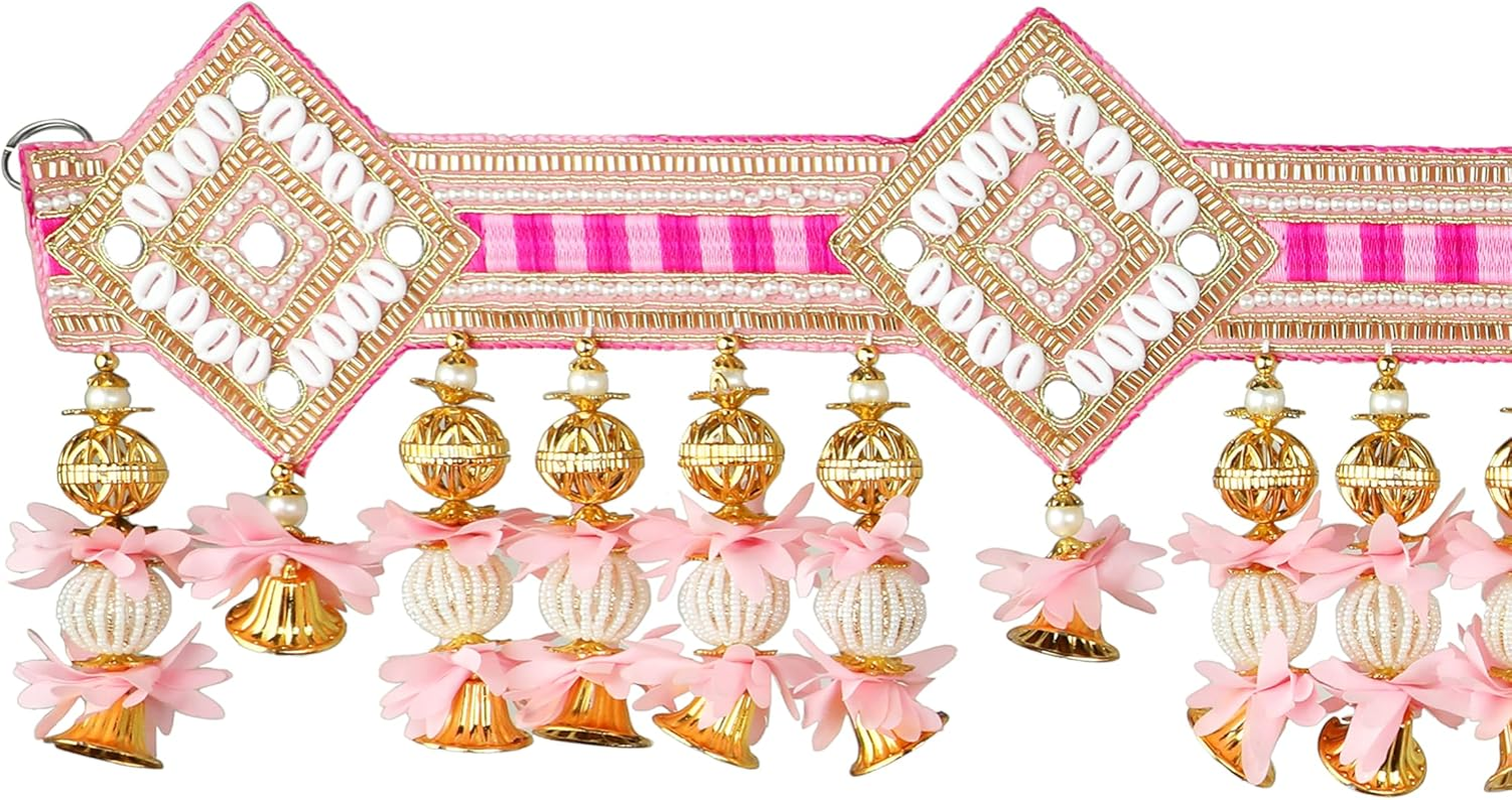 Decorative Toran Door Hanging Artificial Velvet Cloth Bandanwar Beads Wall Toran Wall Hanging for Main Door Entrance Window Home Temple Living Room Valance (Size:-35"X6")(Pink) image number 1