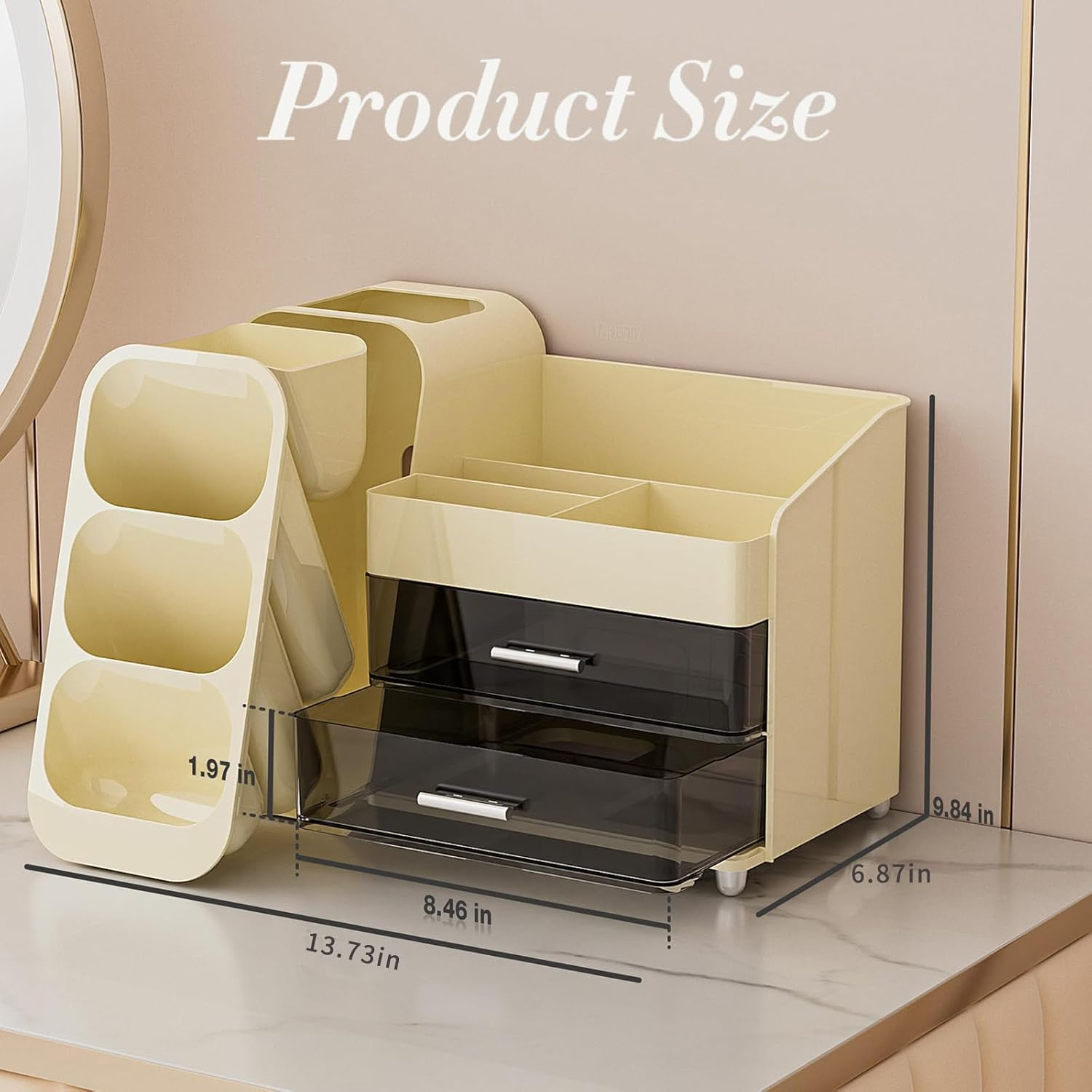 Multi-Tier Vanity Makeup Organizer with Drawers - Built-In Brush Holder for Bathroom, Spacious Cosmetic Storage Case Bathroom Skincare & Beauty Organizer for Essentials (Beige) image number 1