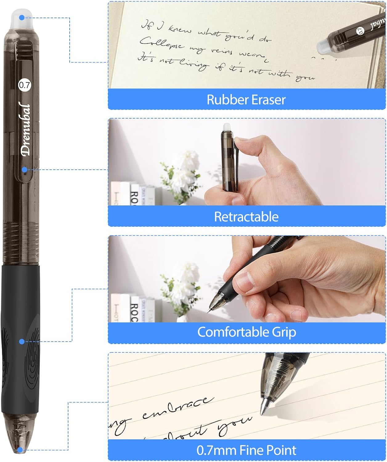 12-Pack Erasable Pens with 0.7 Mm Medium Point, Retractable Gel Pens - Refillable Ink with Eraser Comfort Grip & Quick-Dry for Drawing/Writing (Office/School/Gift Set) - 8 Black + 2 Blue + 2 Red image number 6