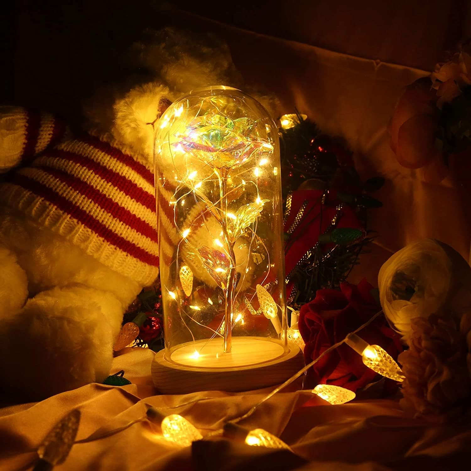 IRONA Beauty and the Beast Rose in Glass Dome with LED Lights, Everlasting Crystal Rose Flowers, Birthday Gifts for Women, Christmas Valentine'S Day Mother'S Day Birthday Best Gifts image number 6