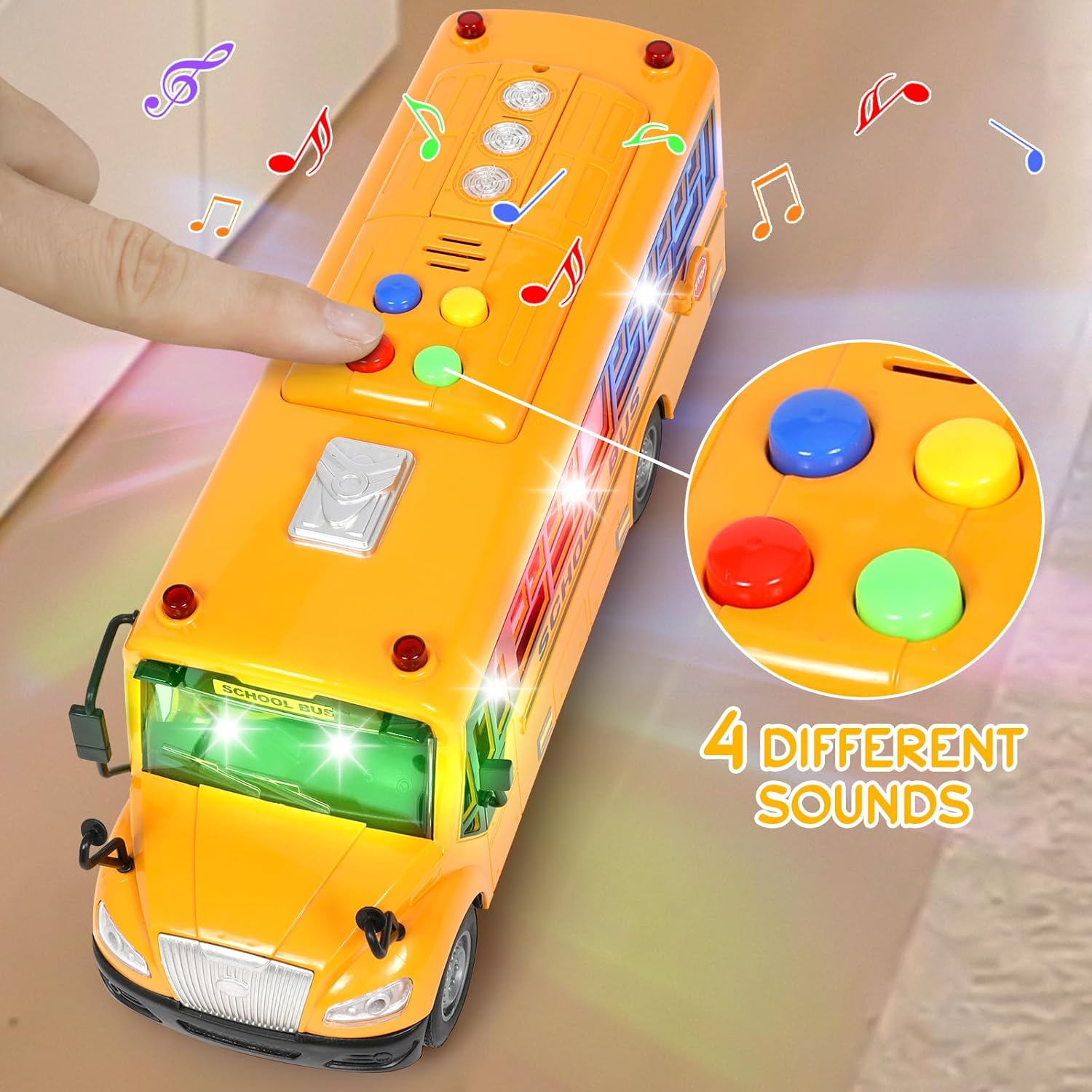 Yellow School Bus Toys for Toddlers with 4 Different Flashing Lights & Sound, Back and Side Doors Open Friction-Powered Wheels Light up Toy Buses Birthday Gift 3 4 Year Old and up Girl Boy Toys