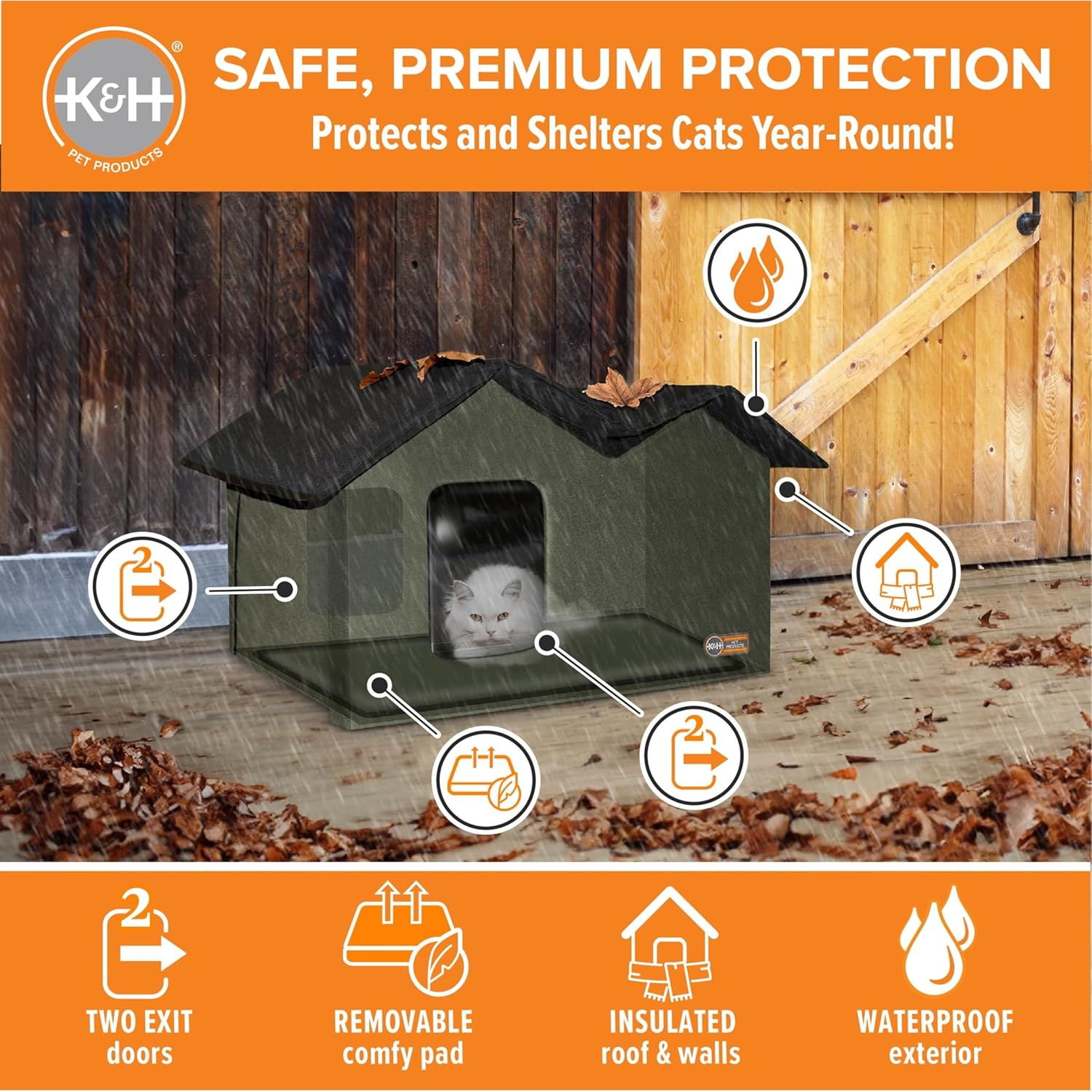 K&H Pet Products Outdoor Cat House Extra-Wide Unheated Olive 26.5 X 15.5 X 21.5 Inches image number 6