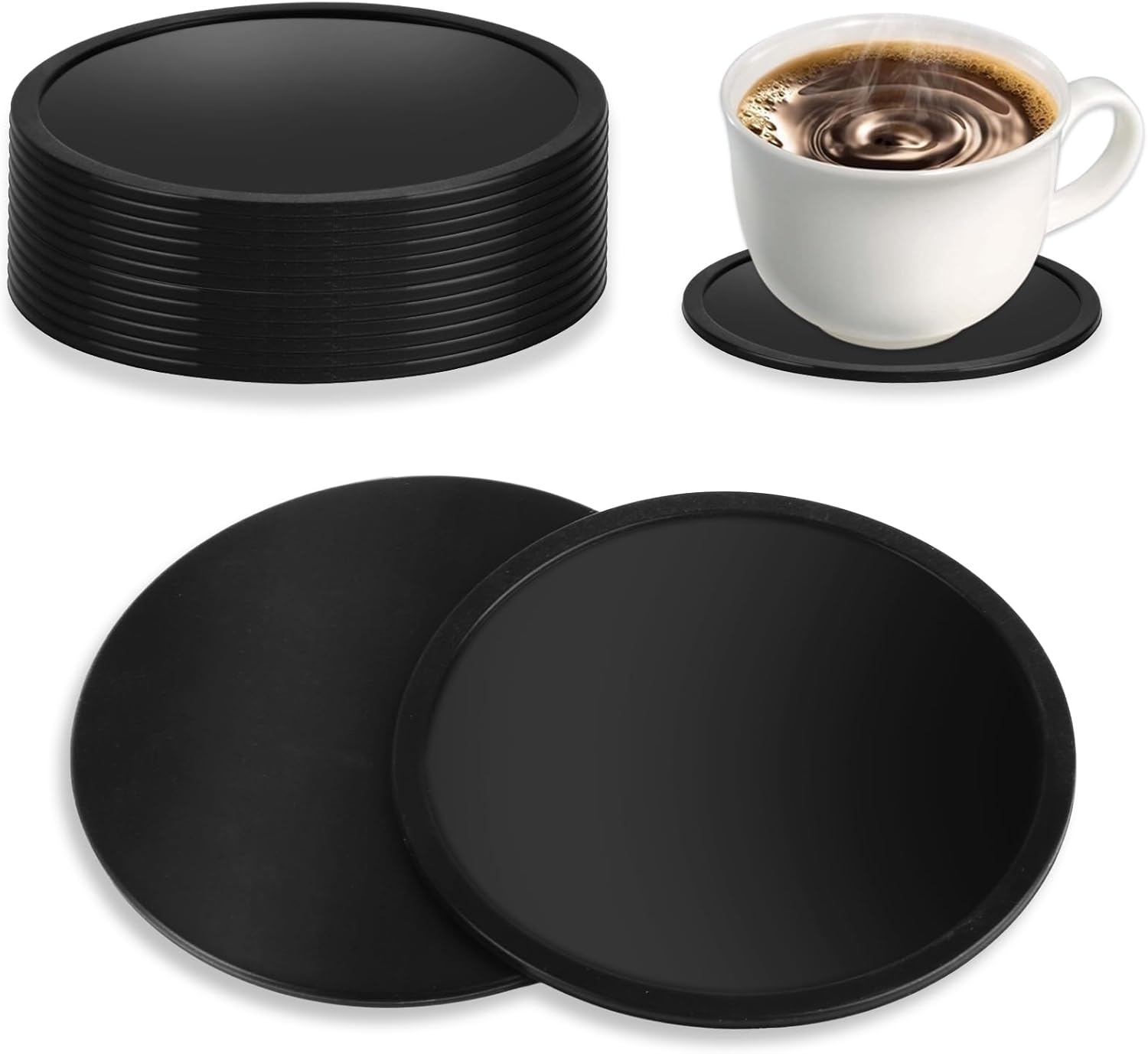 3 Pcs Silicone Coasters for Drinks, Black round Mugs Coasters Pads Mats, Protect Furniture from Scratch & Water Marks, Non Slip, for Coffee Beer Glass Home Bar