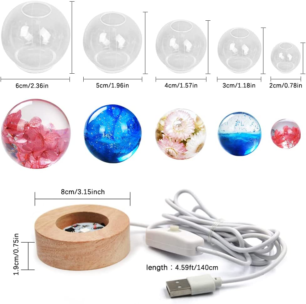 AFUNTA 5 PCS Clear Silicone Ball Molds, 3D Sphere Silicone Resin Mold round Ball Epoxy Resin Mold with USB Powered Lighted Base Stand, for Jewelry Making, Home Decoration image number 5