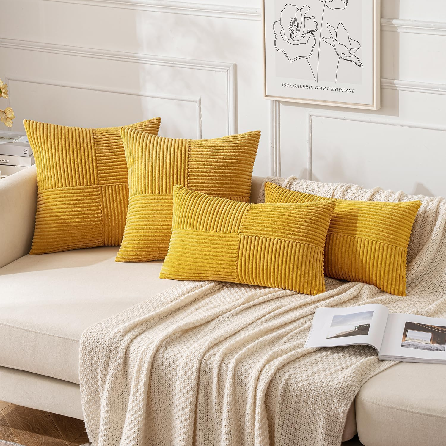 2 Pack Beige Boho Decorative Corduroy Throw Pillow Covers 18X18 Inch Soft Pillow Covers Solid Pillowcases Cross Patchwork Textured Cushion Covers for Living Room Decor Couch Bed Sofa-Yellow image number 2