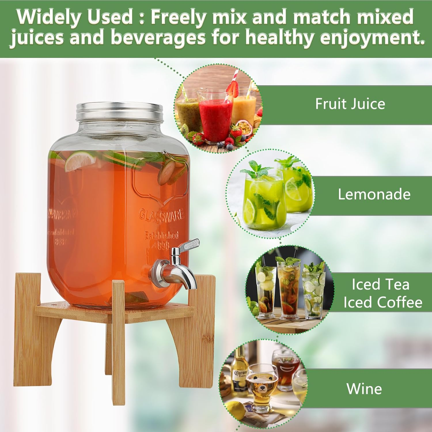 8L Glass Drink Dispenser with Cover Wide Mouth Iced Drink Jar with Tap Iron Holder, for Juice Water Homemade Tea Drinks (8L Glass with Bamboo Stand) image number 5
