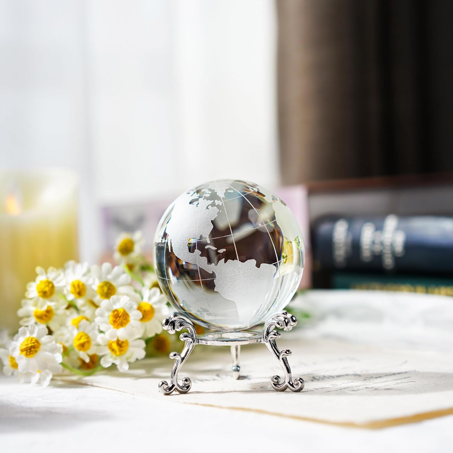 60Mm World Globe Crystal Earth Ball Paperweight with Stand Glass Sphere Display Globe Ball Christmas Decor for Home Office Desk image number 3