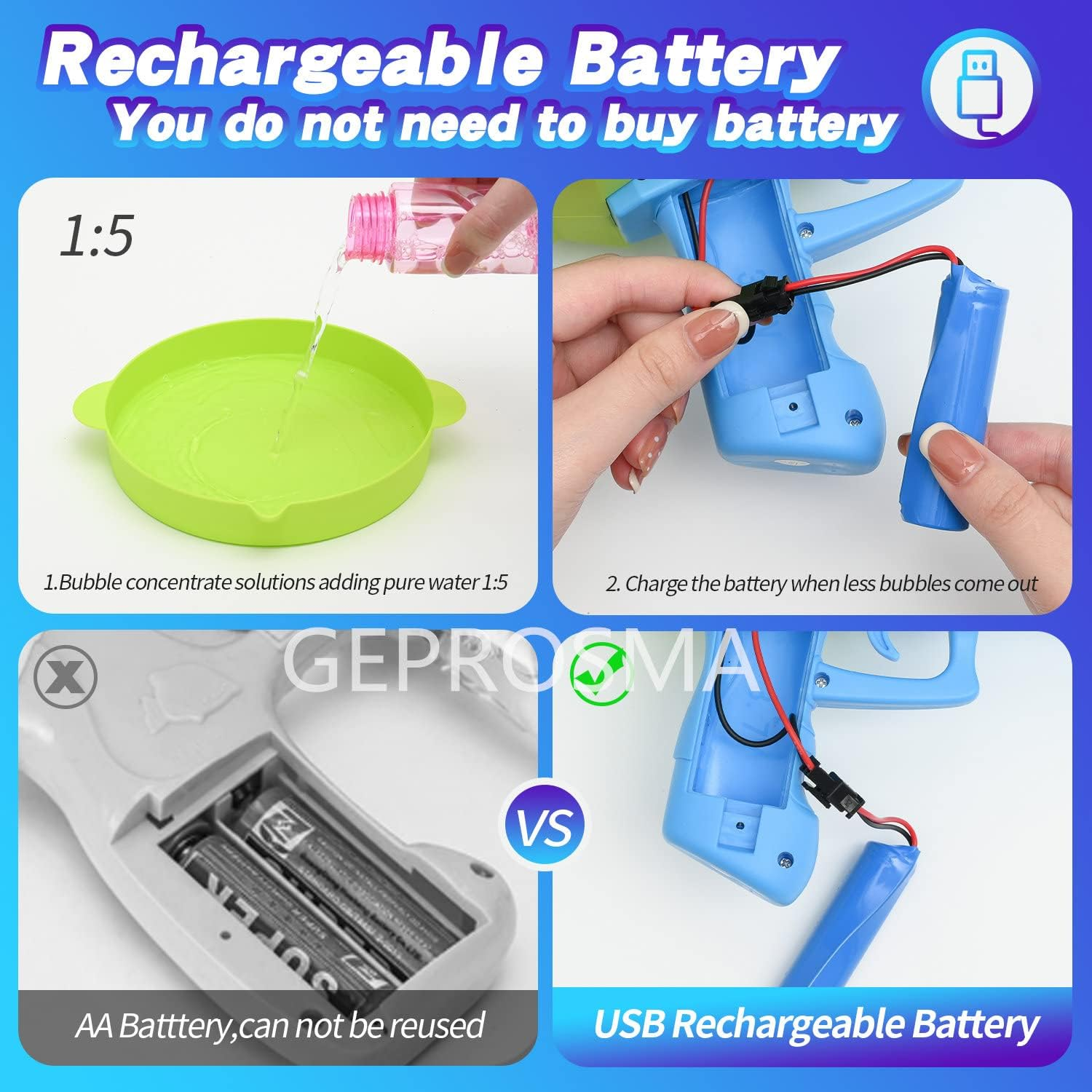 Automatic Bubble Gun Machine for Kids Adults,Rechargeable Battery/Bazooka Rocket 73 Holes/Lights, Electric Bubble Maker Blaster Blower Toys for Outdoor Games,Wedding,Party Favors image number 2