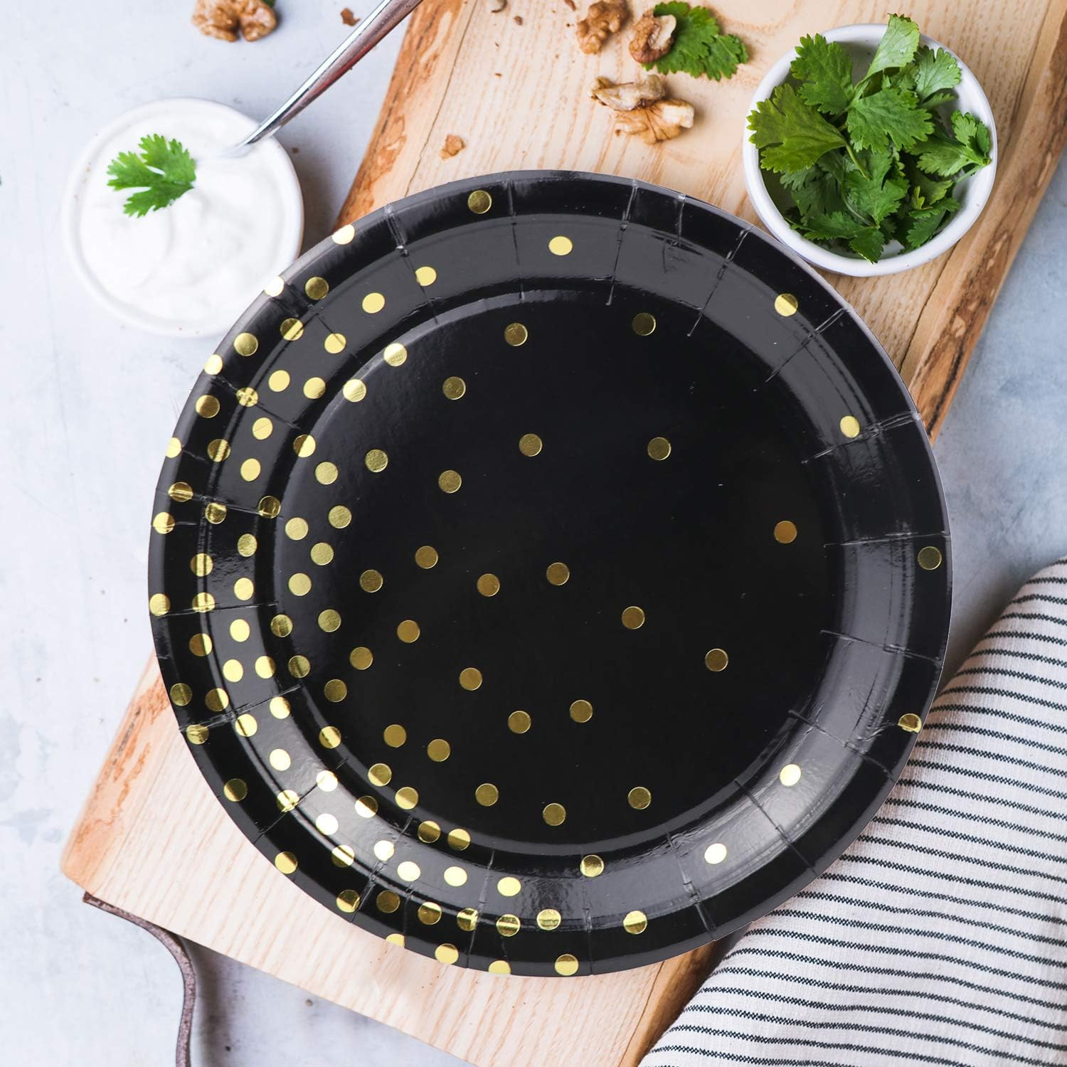 310PCS Black and Gold Party Supplies - Disposable Paper Plates Dinnerware Set Rose Gold Dots 50 Dinner Plates 50 Dessert Plates 50 Cups 50 Napkins 50 Straws 60 Balloons Birthday Party Wedding Holiday image number 3