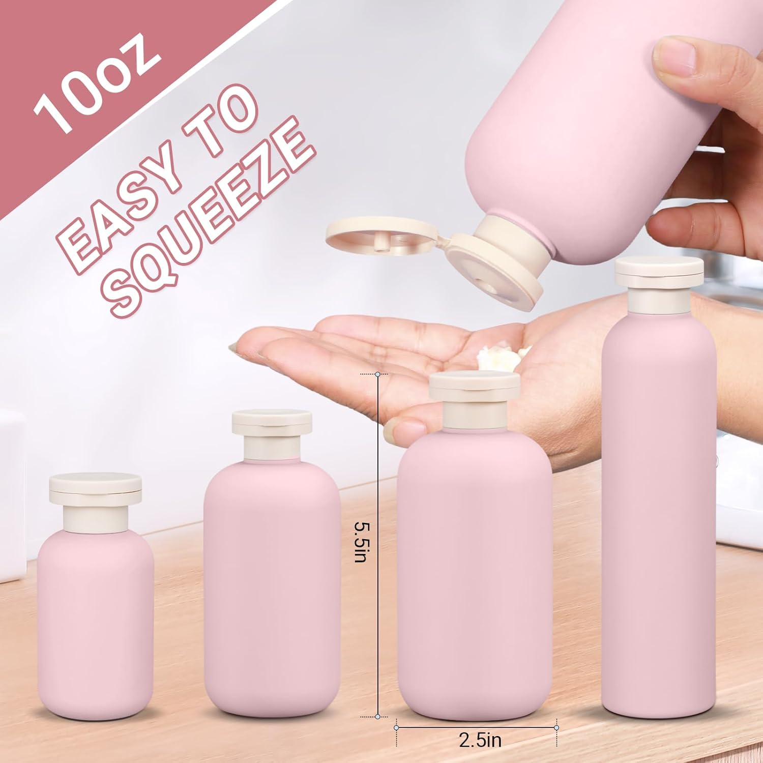 ASEVAT 10 Oz/4 Pcs Plastic Empty Squeeze Bottles Refillable Containers, Shampoo and Conditioner Bottles for Lotion, Cream Shampoo Leak Proof Travel Bottle