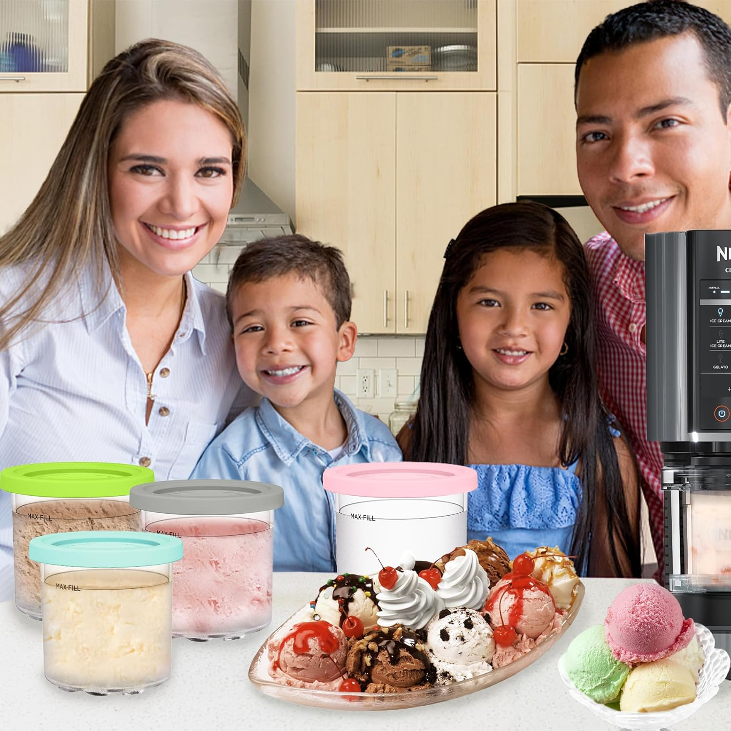 Ice Cream Pint Containers Replacement for Ninja Creami Pints and Lids - 4 Pack, Compatible with NC300 & NC301 & NC299AMZ Series, Leakproof, and Dishwasher Safe, Pink/Green/Grey/Blue image number 1