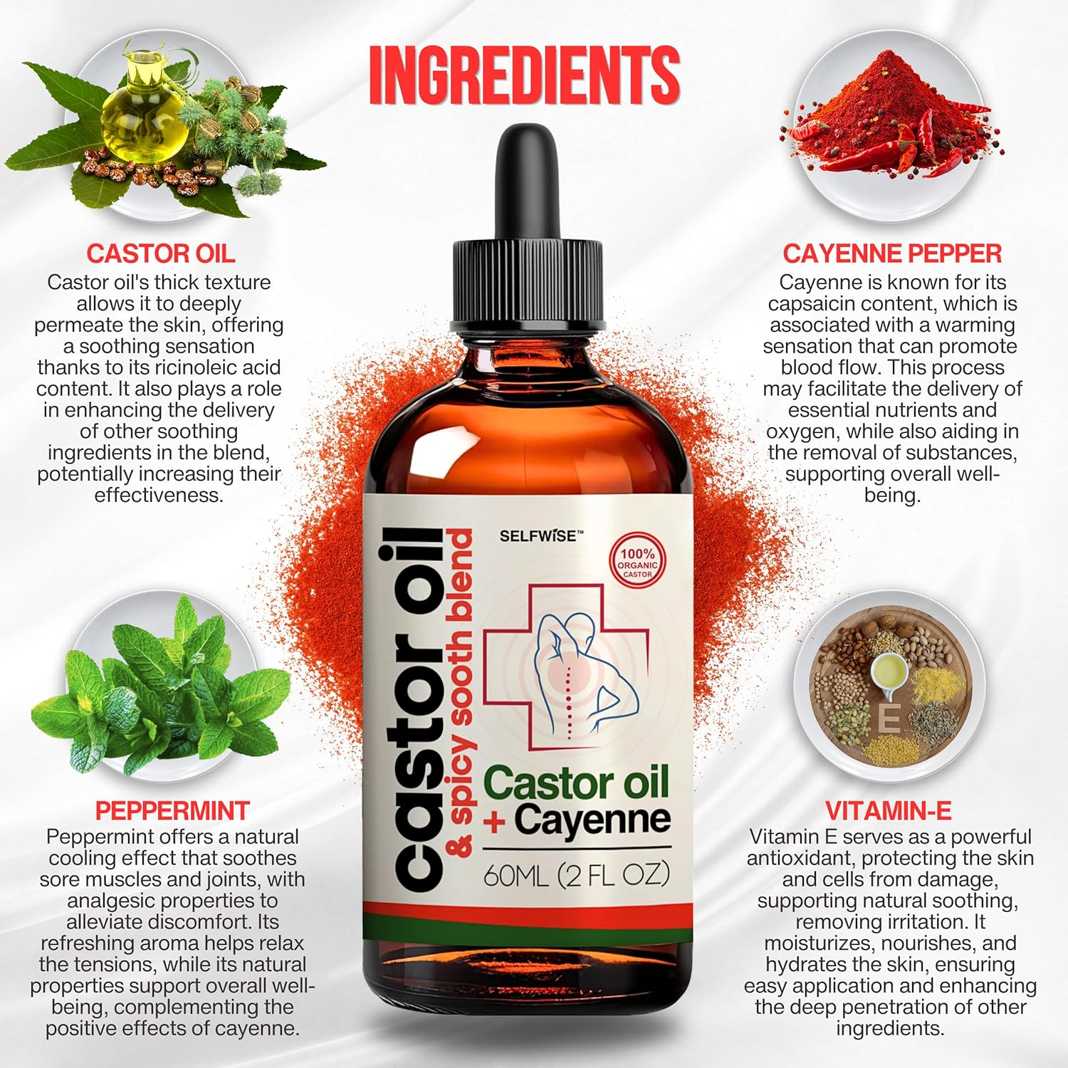 Organic Castor Oil with Cayenne Pepper - Skin-Nourishing, Soothes Muscles & Joints, Enriched with Vitamin E for Men and Women. Ideal for Daily Comfort image number 2