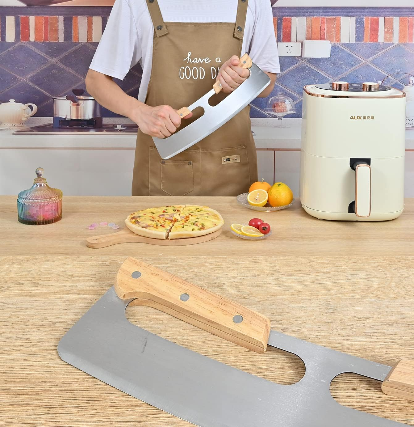 14&rdquo; Pizza Cutter Rocker Stainless Steel Arc-Shaped Blade with Protective Cover-Solid Wood Double Grip-Kitchen Pizza Tool image number 2