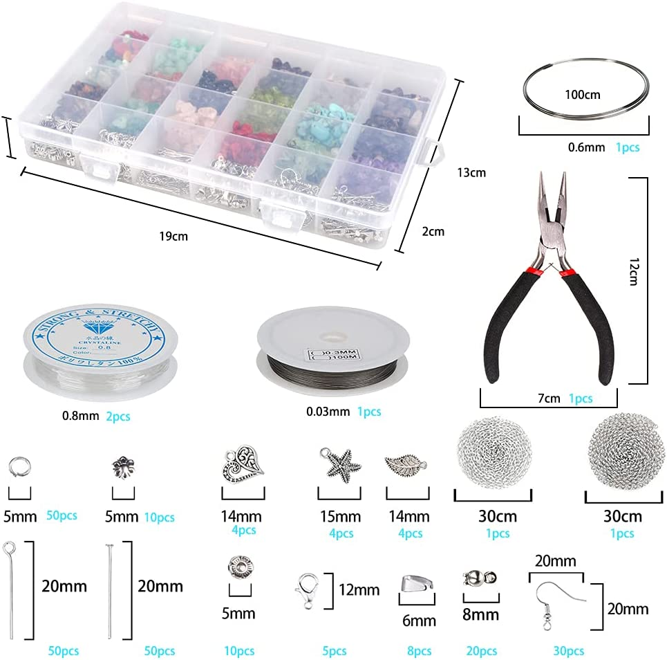 1150Pcs Crystal Jewellery Making Kit, 18 Colors Chip Gemstone Beads, with Irregular Natural Stone, Jewellery Wire, Pliers and Box, for DIY for Earring Necklace Bracelet Making image number 3