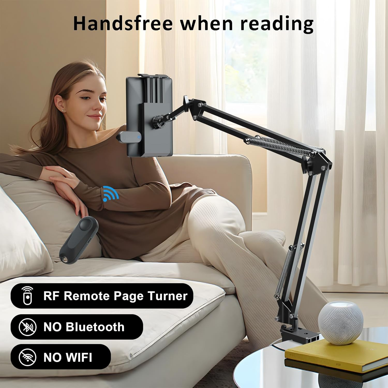 Tablet Holder for Kindle Reading in Bed with Remote Page Turner, Easy Adjust Hands Free Lazy Arm Mount for Kindle Accessories, Gifts for Readers image number 5