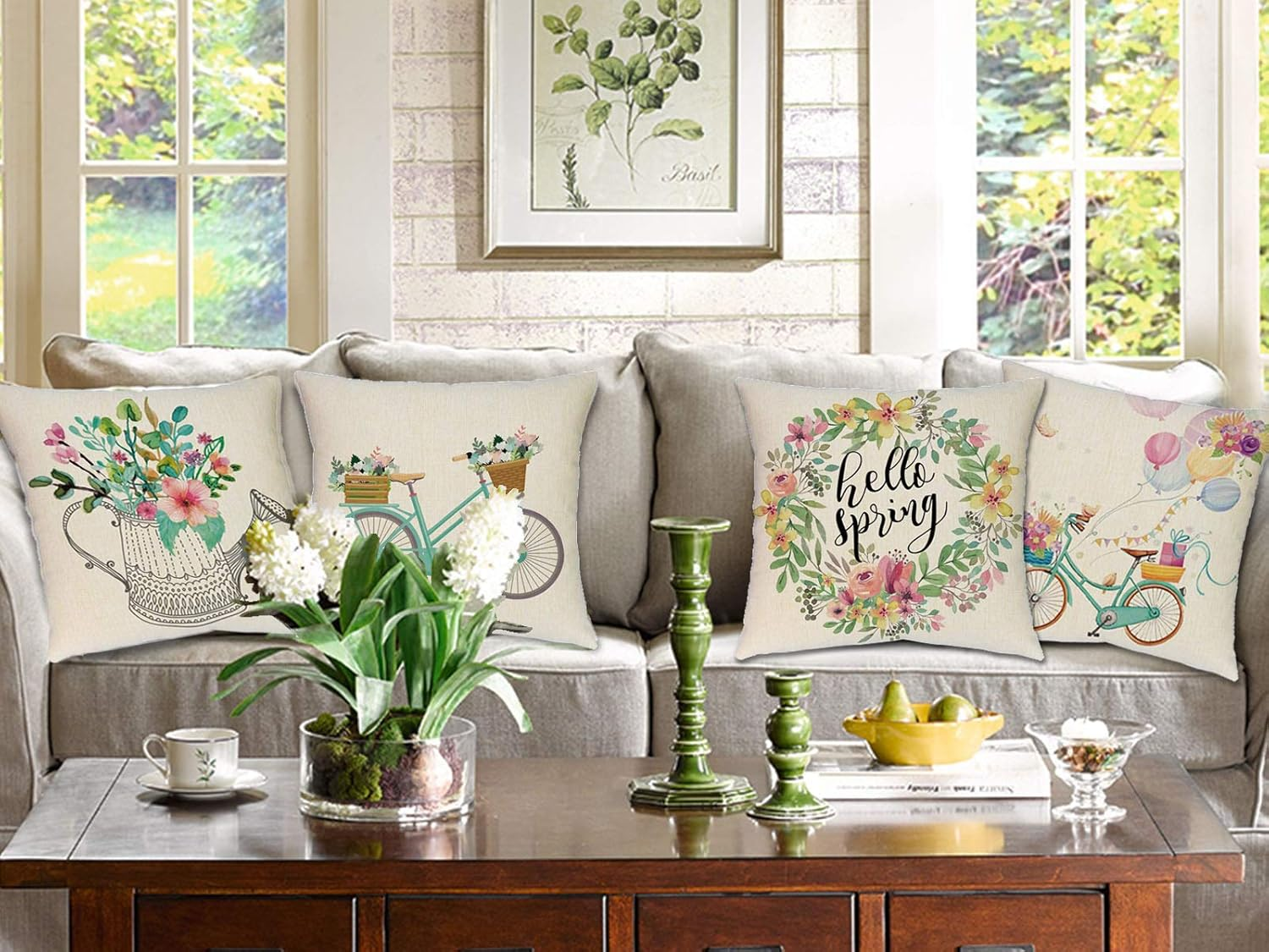 Spring Pillow Covers 18X18 Spring Decorations Set of 4 Decorative Pillow Cases Hello Spring Bicycle Butterfly Cotton Linen Holiday Throw Cushion Covers for Spring Season'S Home Farmhouse Decor image number 3