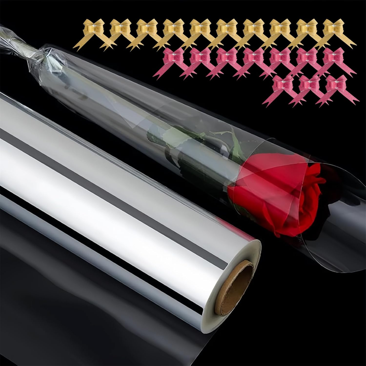 ZCOINS Clear Cellophane Wrap Rolls 40Cm X 30M (1.3Ft X 98.5Ft) and Shiny Pull Bows Packaging Sets, 2.5 Mil Transparent Crystal Clear Cellophane Wrapping Paper for Hampers, Gifts, Toys, Arts & Crafts, Florist Flowers, Treats Wrapping image number 2