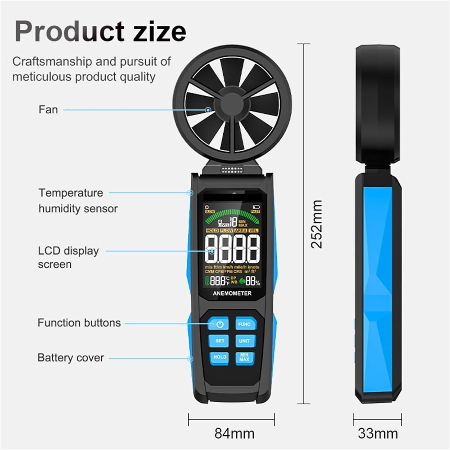 Handheld Digital Anemometer, LCD Backlight Air Wind Speed Scale, Accurately Measure Wind Speed & Temperature Measure image number 2