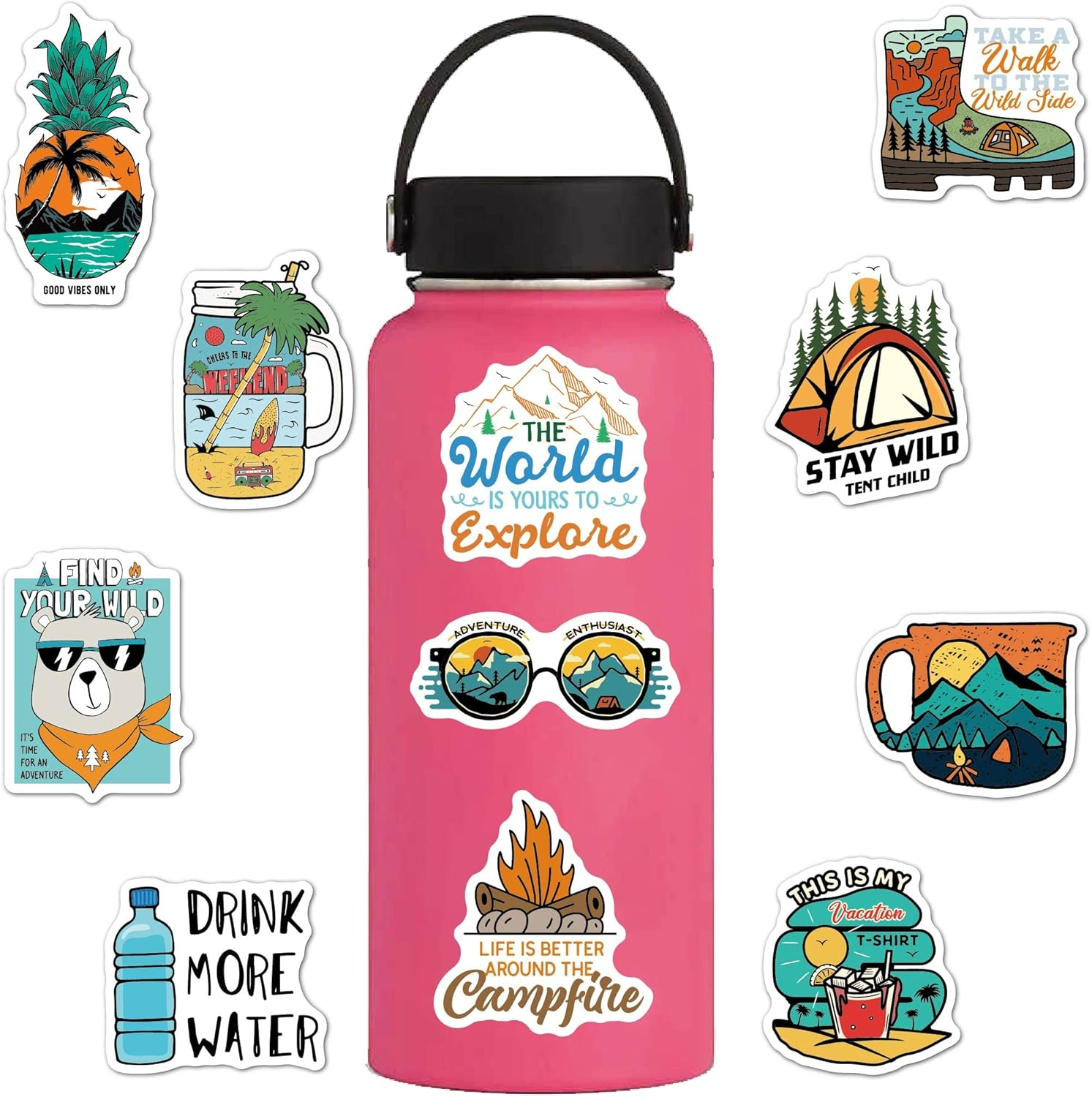 Pack of 100 Outdoor Stickers, Vsco Camping Stickers, Camping Adventure, Waterproof Vinyl Stickers for Laptop, Suitcase, Motorcycle, Skateboard, Car, Luggage image number 1