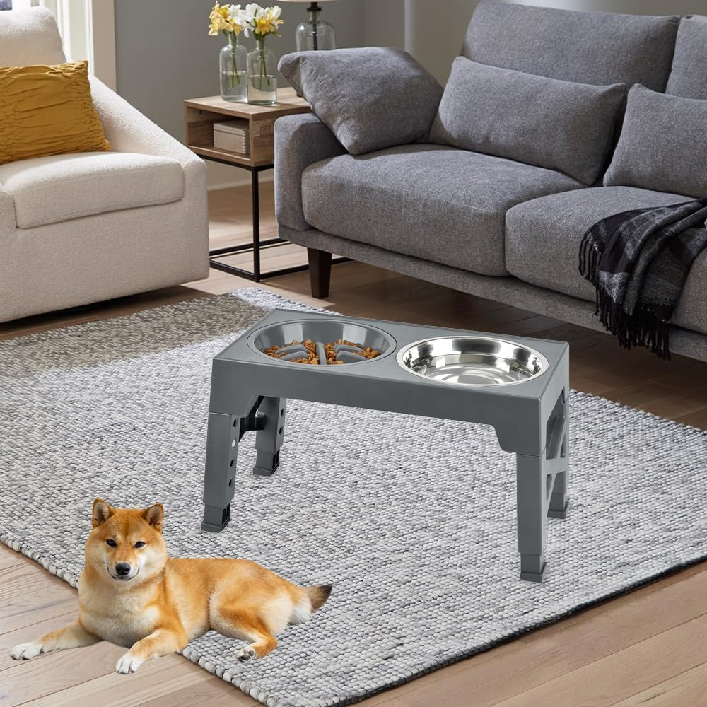 Elevated Dog Bowls for Large Dogs, Raised Dog Bowl Stand with Slow Feeder Bowl & 2 Stainless Steel Dog Food Bowls, 5 Heights Adjustable for Small Medium Large Dogs and Pets image number 4
