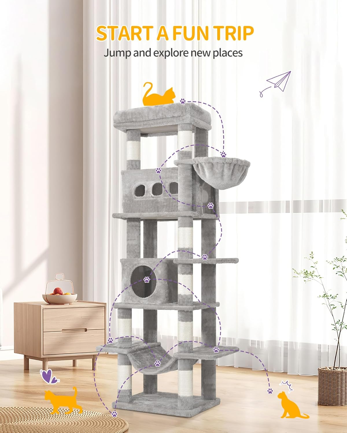 Hzuaneri 170 Cm Cat Tree for Indoor Cats, Large Tall Cat Tower, Multi-Level Cats House with Condo, 8 Scratching Posts, Hammock, 4 Pom Poms, Light Grey MS17018LG image number 4