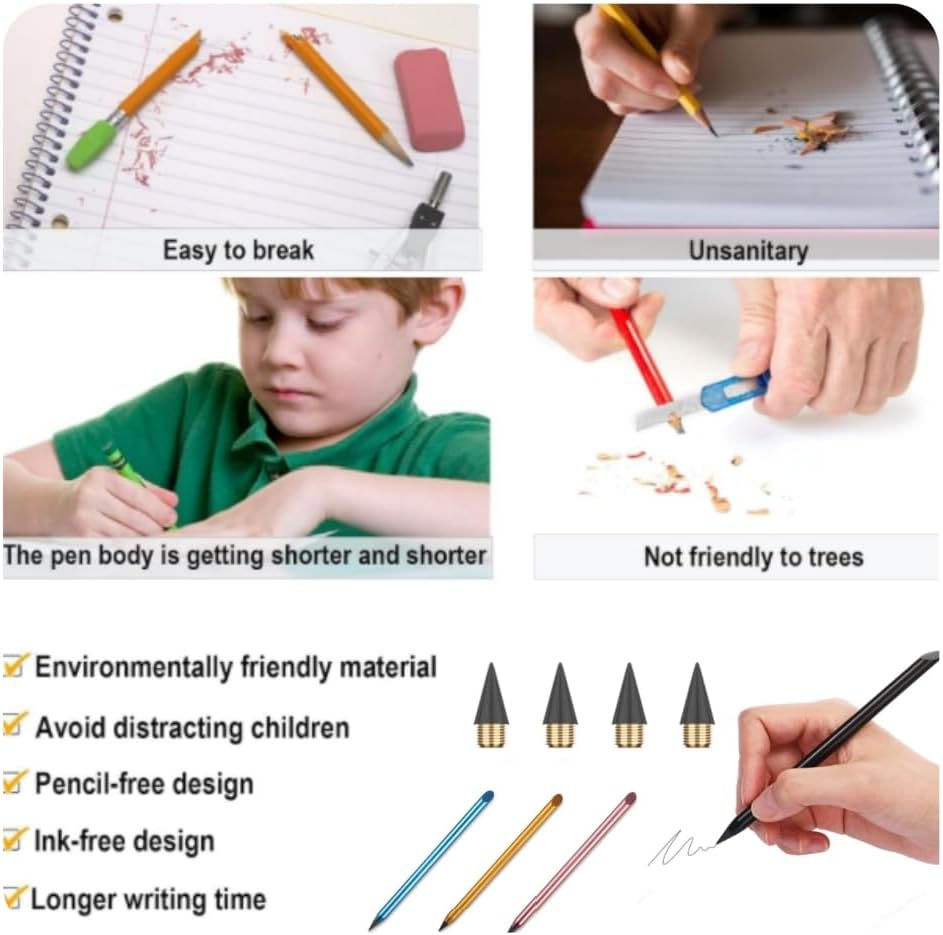 4 Pcs Forever Pencil,Metal Inkless Pencils Eternal, Metal Mechanical Pencil 0.5, Erasable Pens, Unlimited Writing Eternal Pencil, Infinity Reusable Mechanical Pencil with 4 Replaceable Nib image number 5