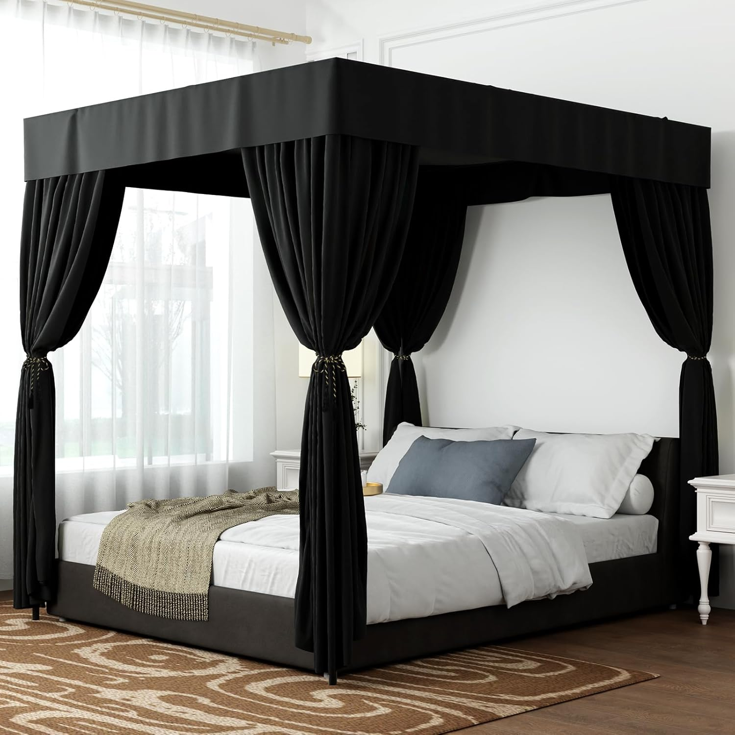 Hvqic Black Canopy Bed Curtains - 4 Corner Post Lightproof Drapes for King Bed - Adults & Girls Bedroom Decoration (King, Black) image number 2