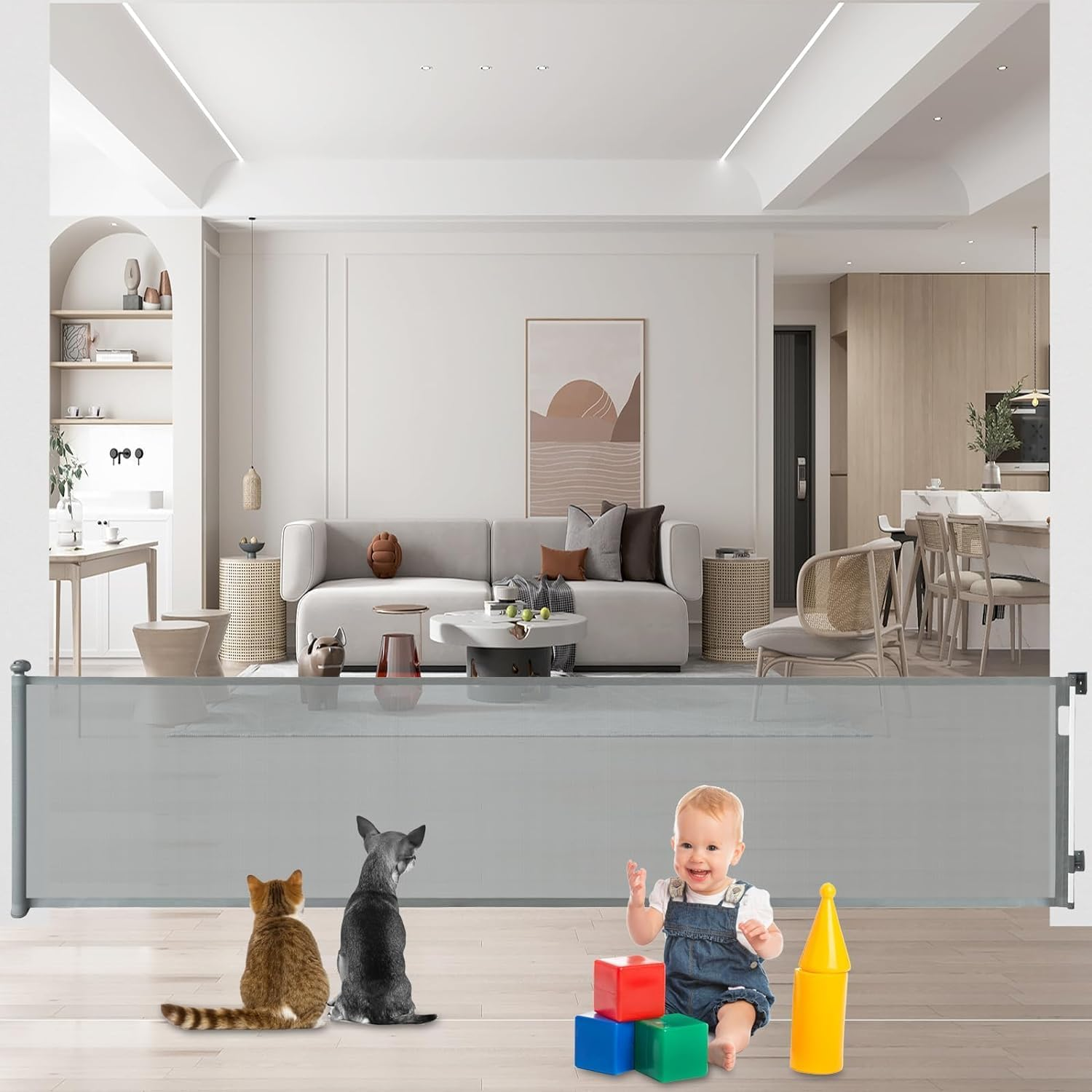 Baby Gate Retractable Gates for Stairs, Mesh Dog Gate for the House, Wide Pet Gate 33" Tall, Extends to 126" Wide, Long Child Safety Gates for Stairs, Hallways, Indoor/Outdoor, Cat Gate (Grey) image number 3