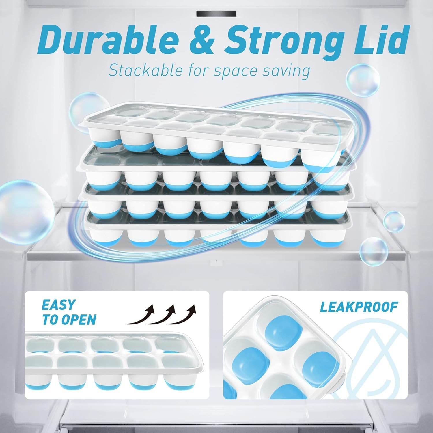 Ice Cube Tray with Lid, 2 Packs 28 Cubes Durable Stackable Ice Cube Trays for Freezer with Removable Lids, Easy-Release Plastic & Silicone Ice Tray for Cocktail, Coffee image number 4